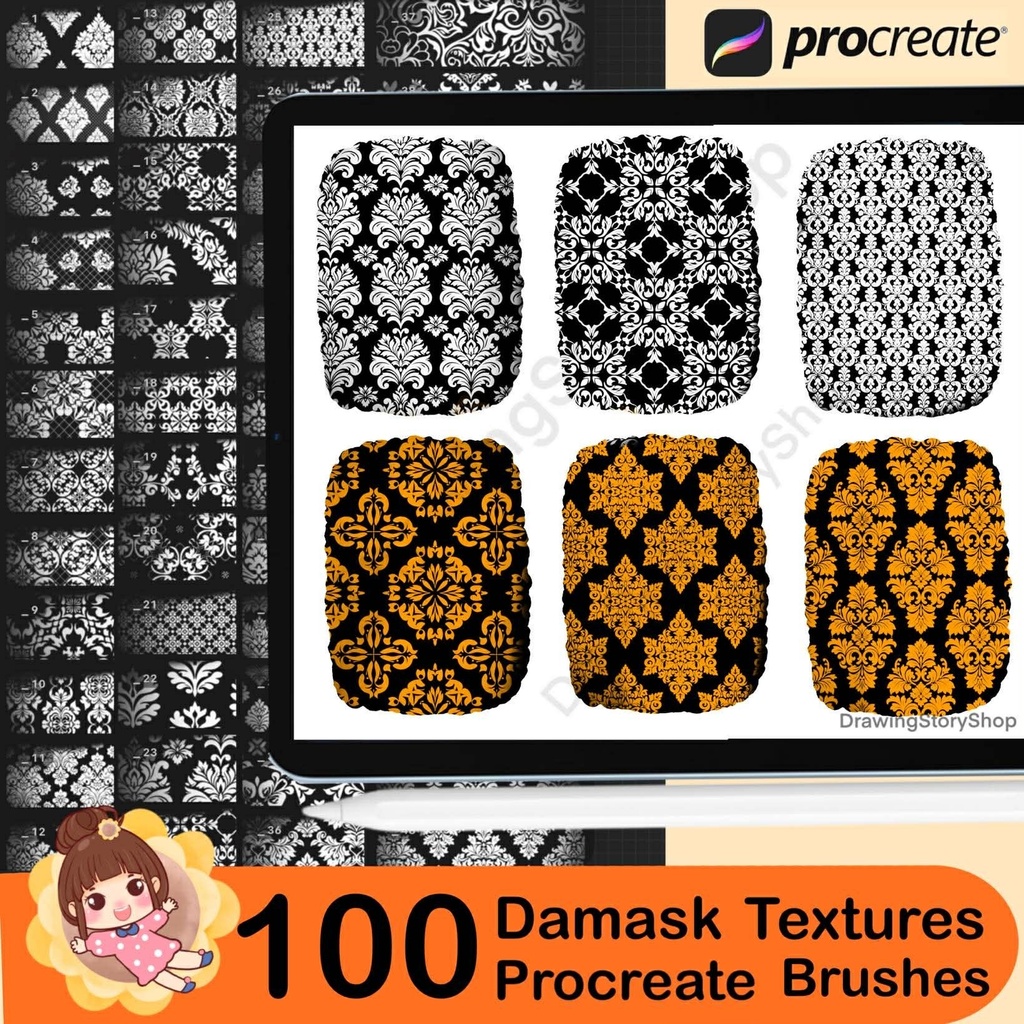 100 Procreate Damask Patterns | Seamless Traditional Floral Damask Texture Brushes | Vintage Procreate Damask Brush Set