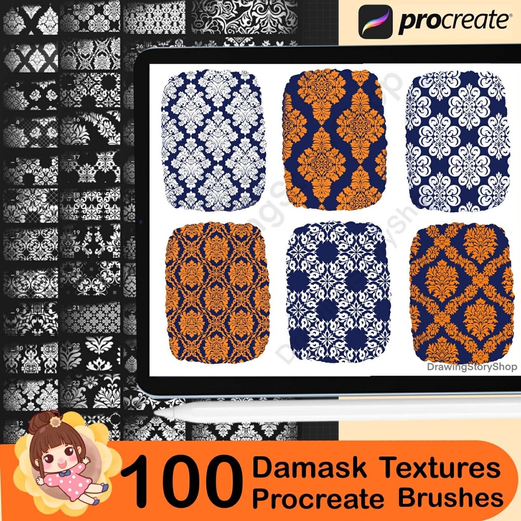100 Procreate Damask Patterns | Seamless Traditional Floral Damask Texture Brushes | Vintage Procreate Damask Brush Set