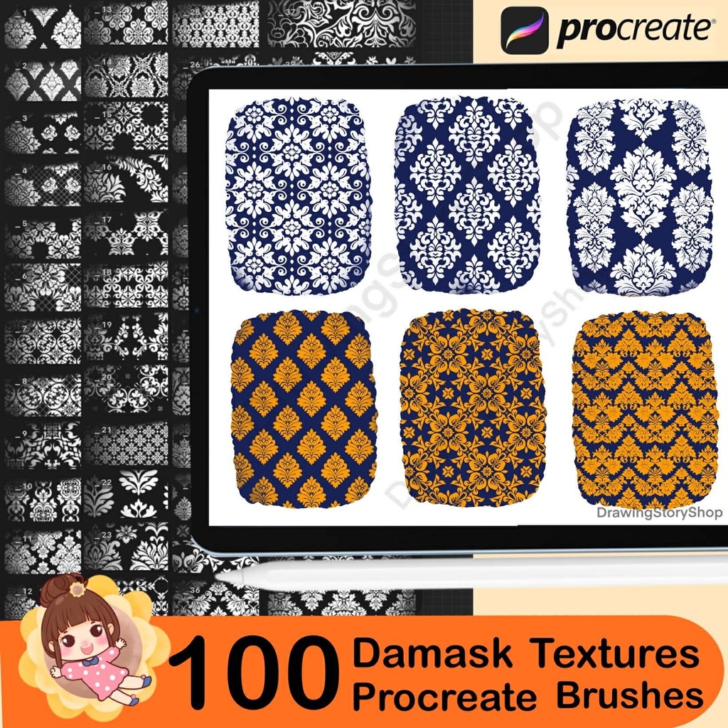 100 Procreate Damask Patterns | Seamless Traditional Floral Damask Texture Brushes | Vintage Procreate Damask Brush Set