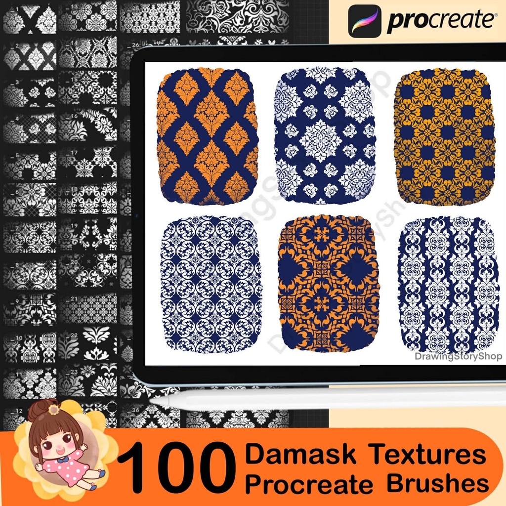 100 Procreate Damask Patterns | Seamless Traditional Floral Damask Texture Brushes | Vintage Procreate Damask Brush Set