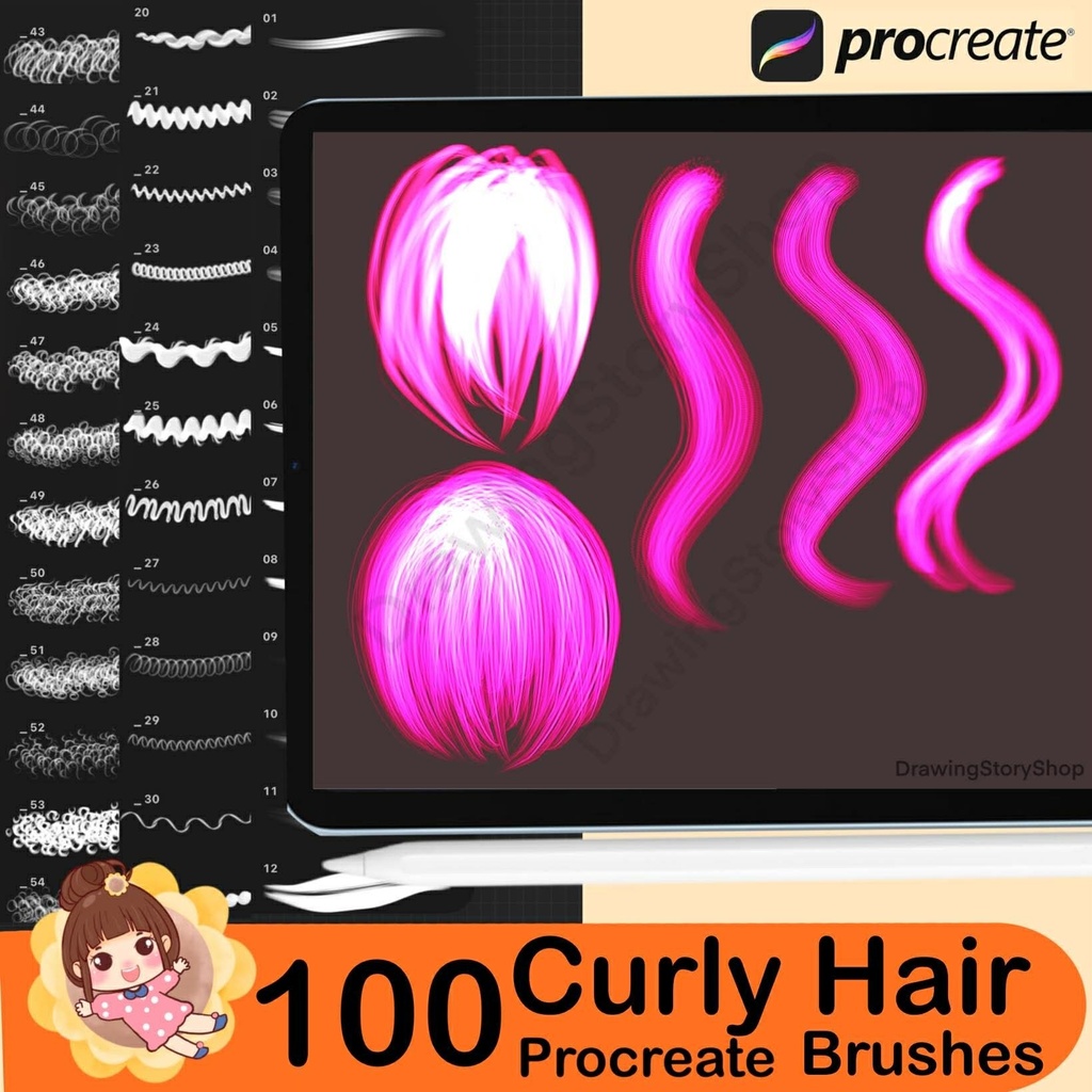 100 Procreate Hair Brushes, Curly Hair Brushes, Hairstyle Stamp, Anime Manga Hair Brush Set
