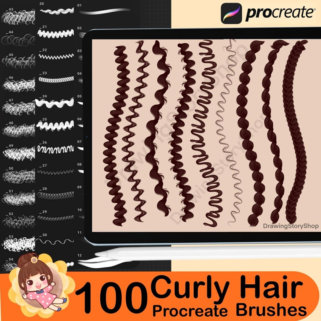 100 Procreate Hair Brushes, Curly Hair Brushes, Hairstyle Stamp, Anime Manga Hair Brush Set