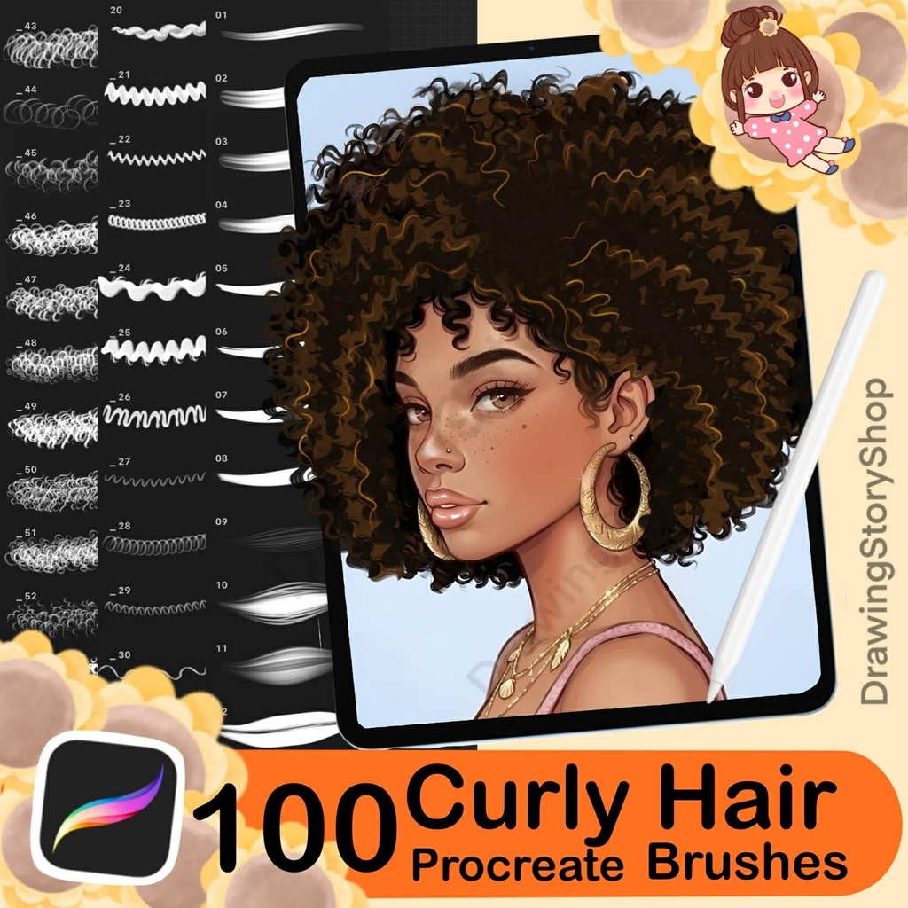 100 Procreate Hair Brushes, Curly Hair Brushes, Hairstyle Stamp, Anime Manga Hair Brush Set