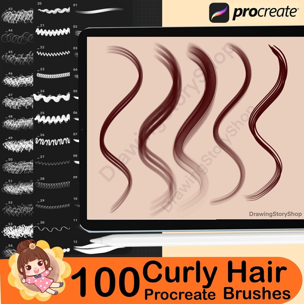 100 Procreate Hair Brushes, Curly Hair Brushes, Hairstyle Stamp, Anime Manga Hair Brush Set