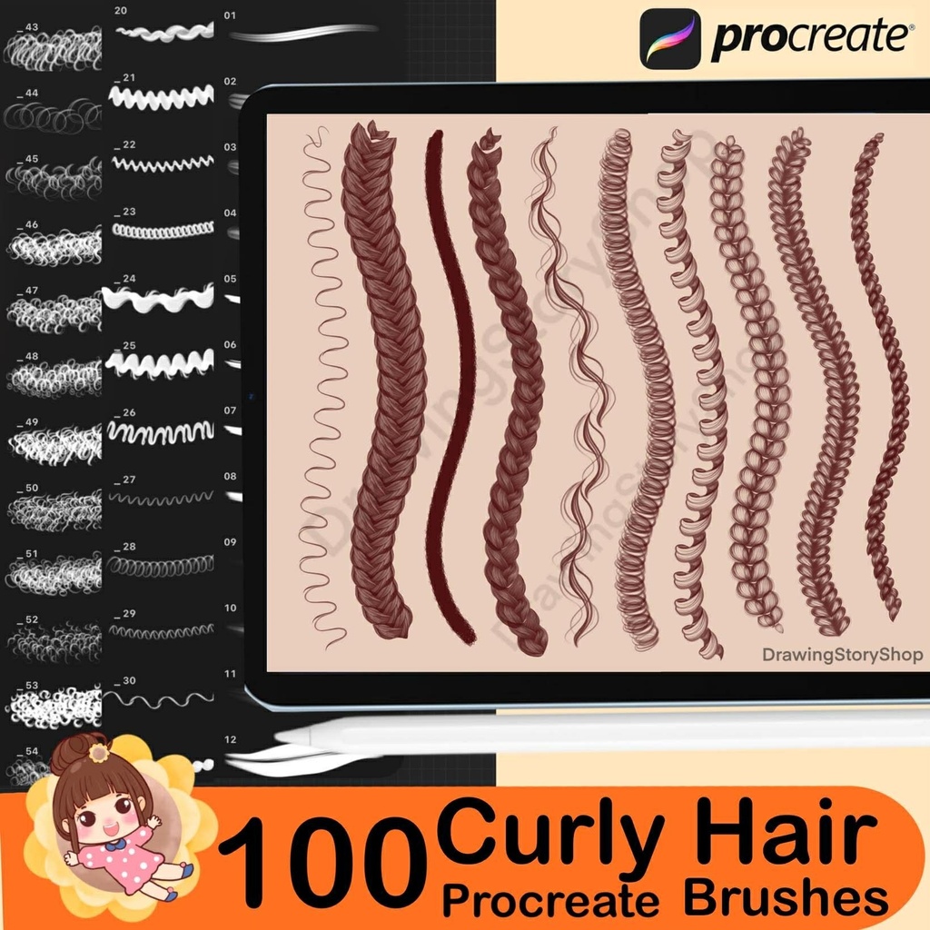 100 Procreate Hair Brushes, Curly Hair Brushes, Hairstyle Stamp, Anime Manga Hair Brush Set