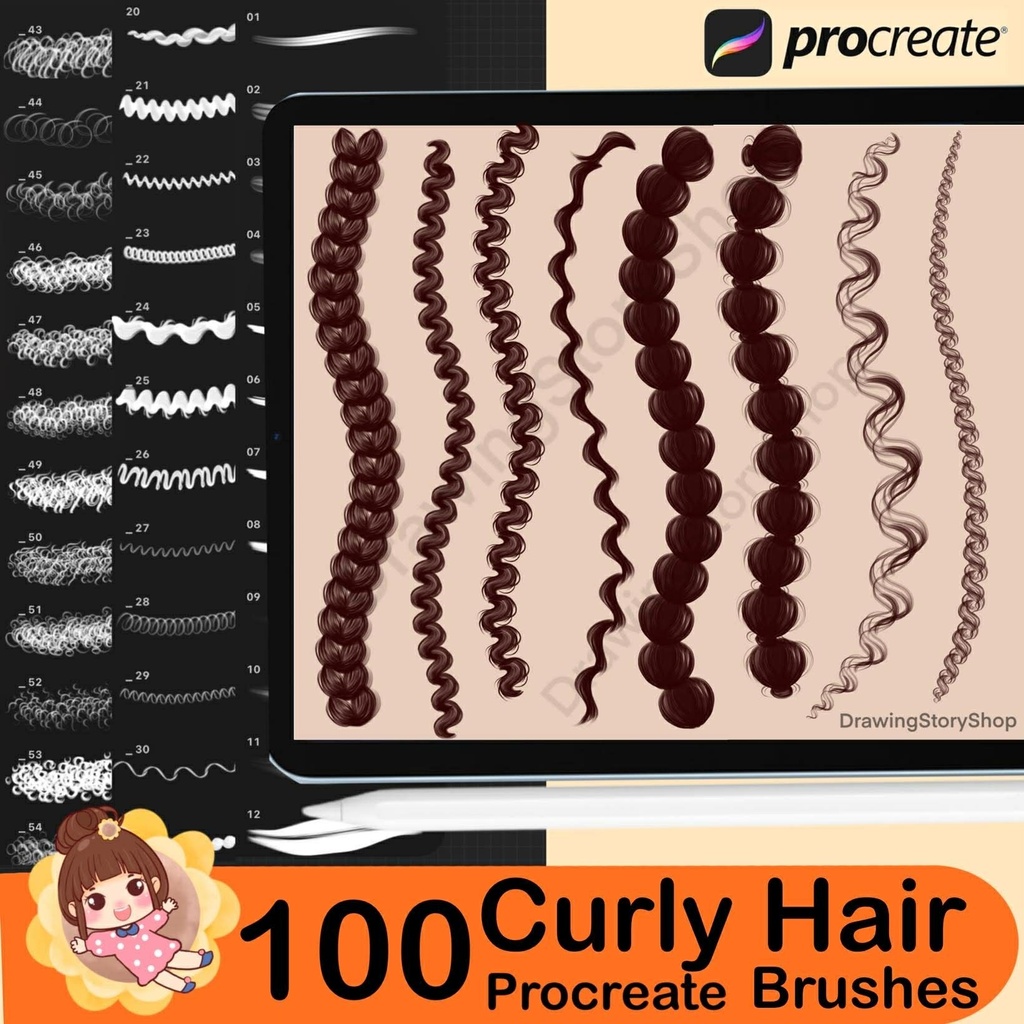 100 Procreate Hair Brushes, Curly Hair Brushes, Hairstyle Stamp, Anime Manga Hair Brush Set