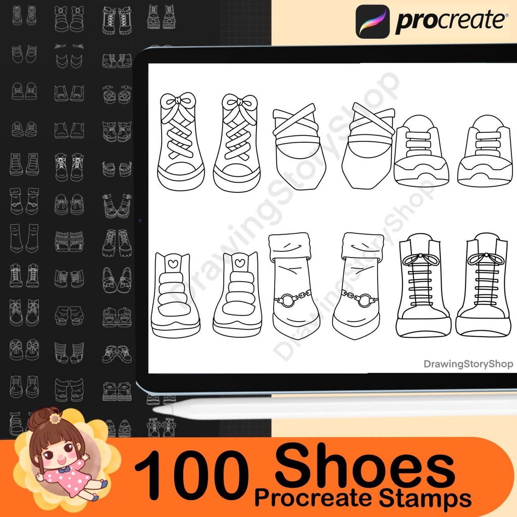 100 Procreate Shoes Stamps Brushes, chibi Shoes Clothes, Sport Shoes,Procreate chibi Girl Shoe,Women Shoe Manga Cloth Fashion