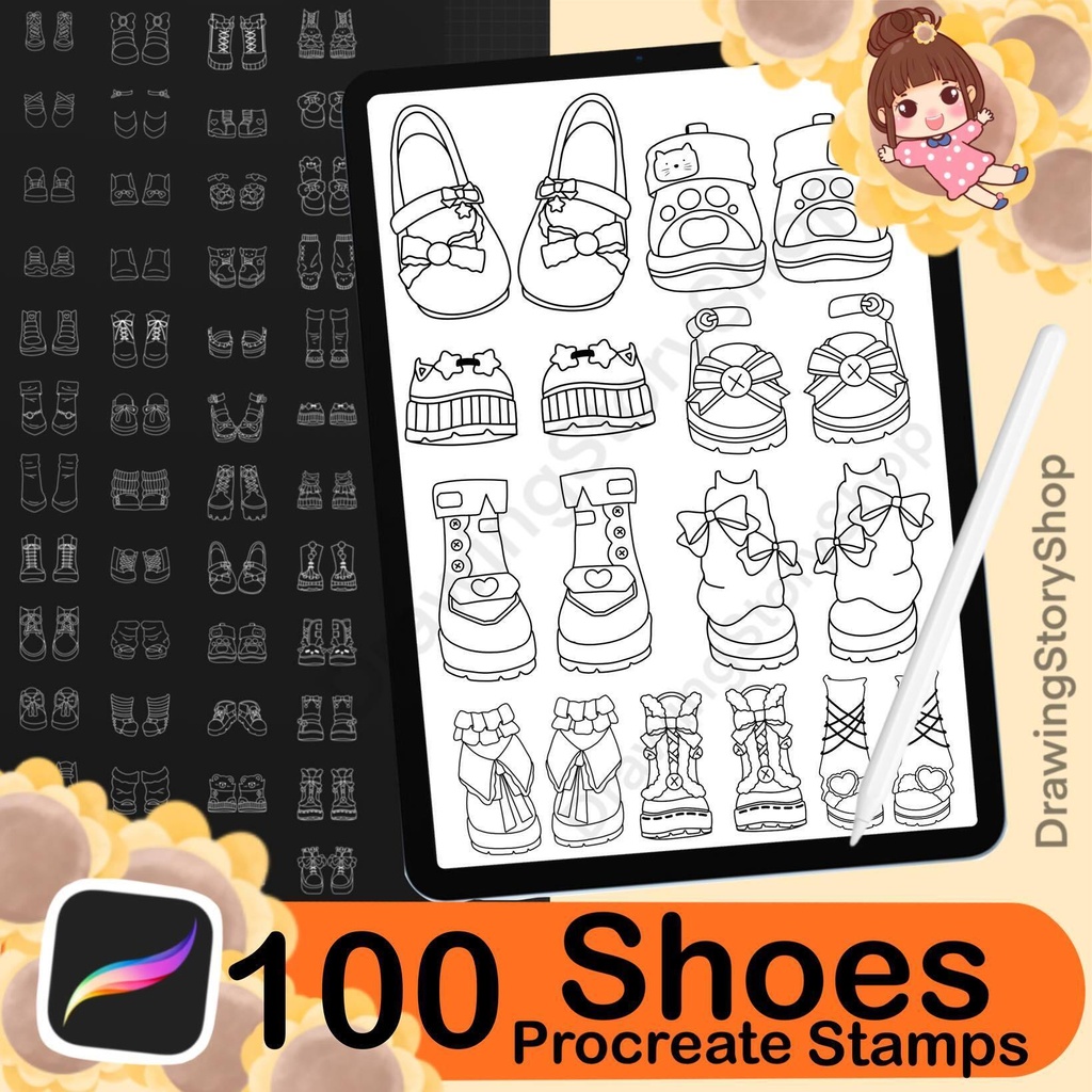 100 Procreate Shoes Stamps Brushes, chibi Shoes Clothes, Sport Shoes,Procreate chibi Girl Shoe,Women Shoe Manga Cloth Fashion