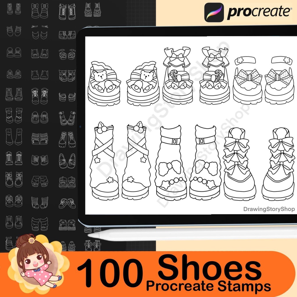 100 Procreate Shoes Stamps Brushes, chibi Shoes Clothes, Sport Shoes,Procreate chibi Girl Shoe,Women Shoe Manga Cloth Fashion