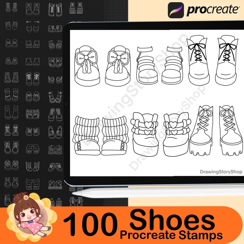 100 Procreate Shoes Stamps Brushes, chibi Shoes Clothes, Sport Shoes,Procreate chibi Girl Shoe,Women Shoe Manga Cloth Fashion