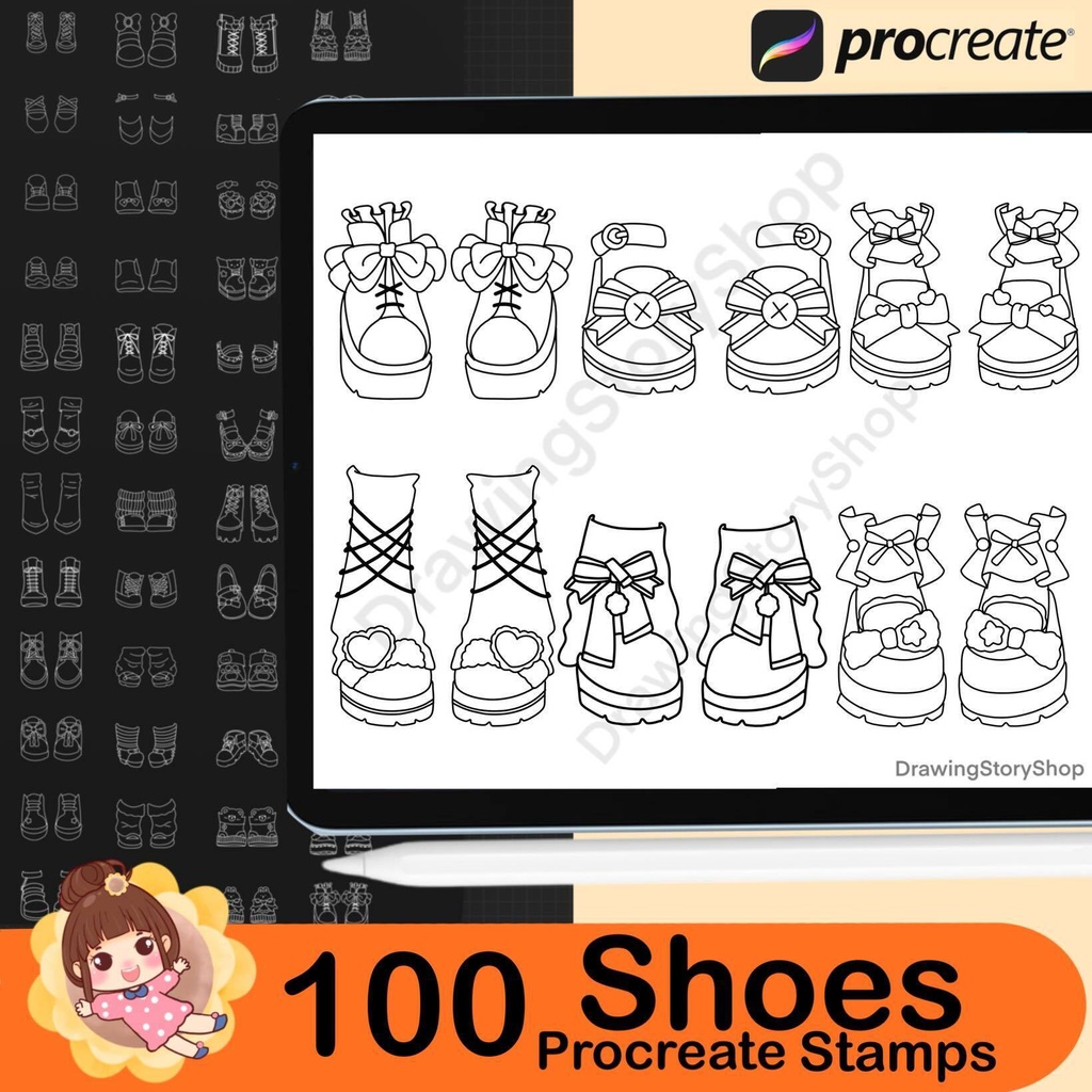 100 Procreate Shoes Stamps Brushes, chibi Shoes Clothes, Sport Shoes,Procreate chibi Girl Shoe,Women Shoe Manga Cloth Fashion