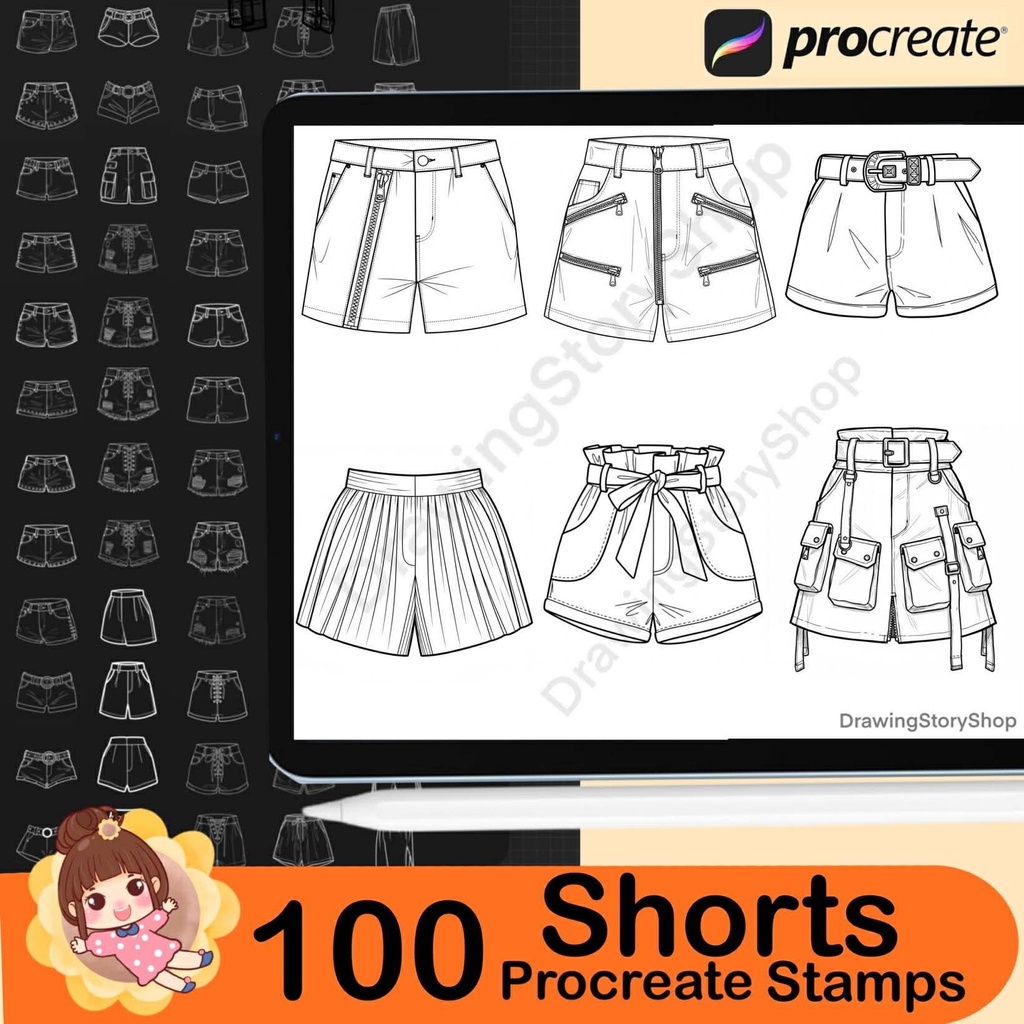 100 Procreate Shorts Stamps : Anime Clothes Manga Outfit Short Jeans Fashion Design Clothing Streetwear Brushes