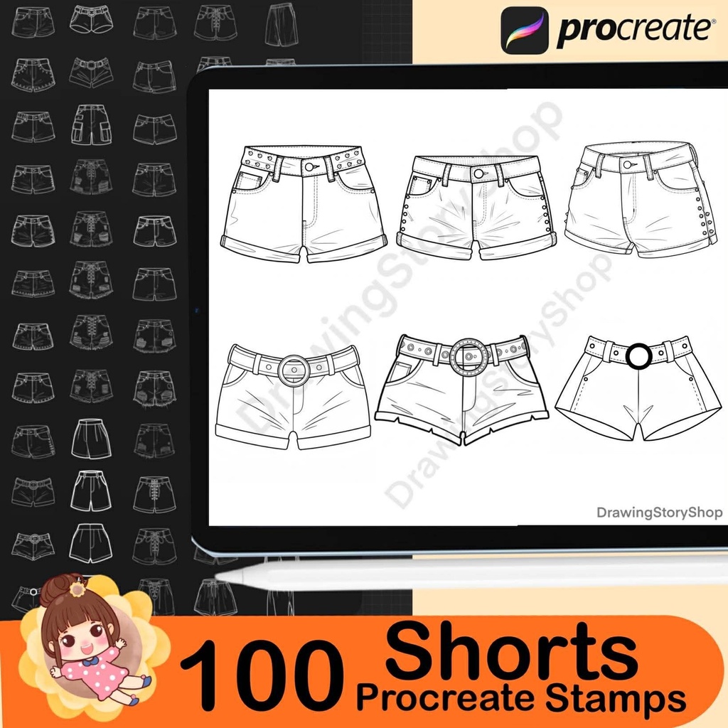 100 Procreate Shorts Stamps : Anime Clothes Manga Outfit Short Jeans Fashion Design Clothing Streetwear Brushes