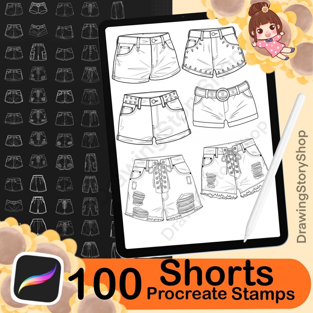 100 Procreate Shorts Stamps : Anime Clothes Manga Outfit Short Jeans Fashion Design Clothing Streetwear Brushes