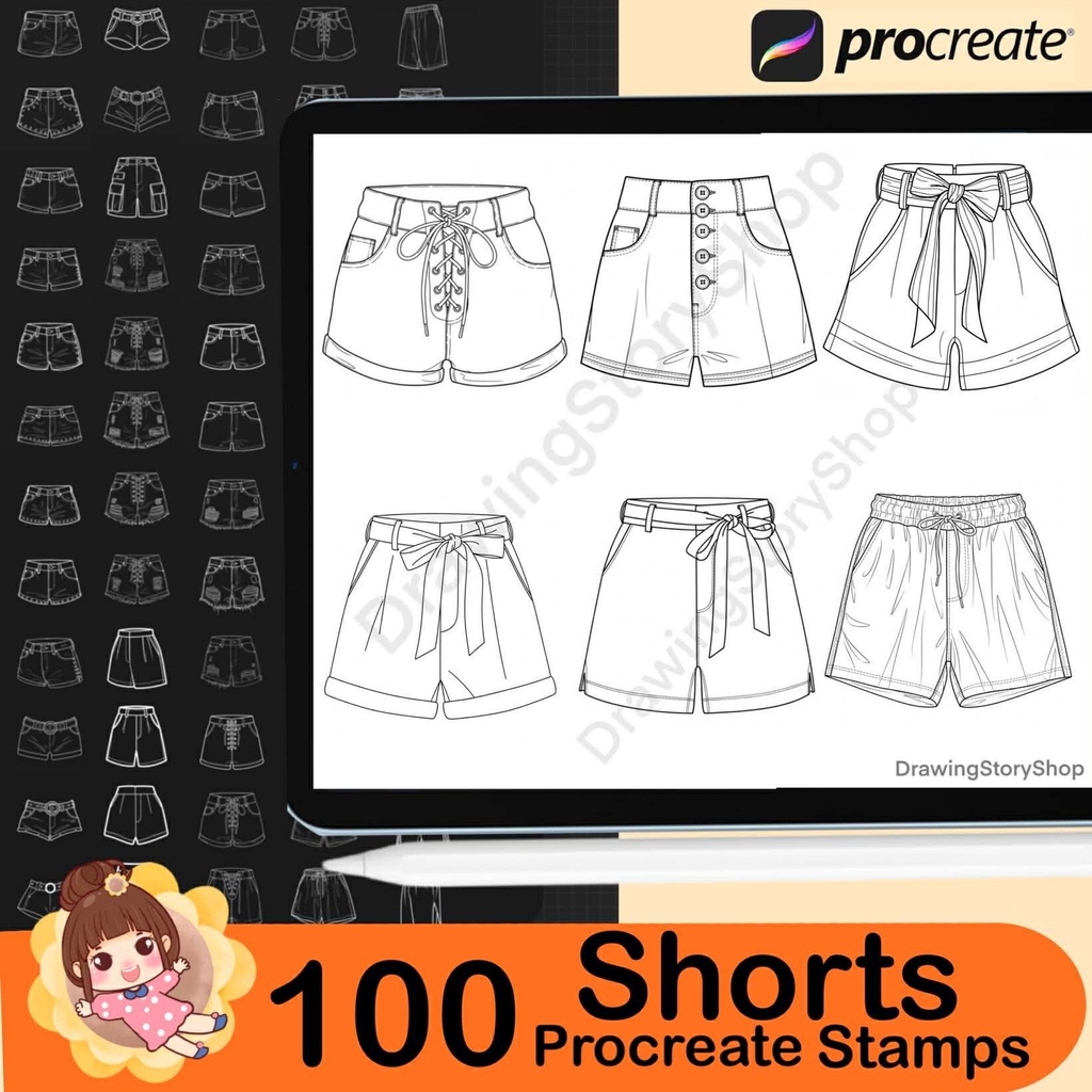 100 Procreate Shorts Stamps : Anime Clothes Manga Outfit Short Jeans Fashion Design Clothing Streetwear Brushes