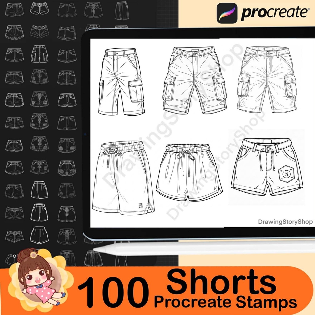 100 Procreate Shorts Stamps : Anime Clothes Manga Outfit Short Jeans Fashion Design Clothing Streetwear Brushes