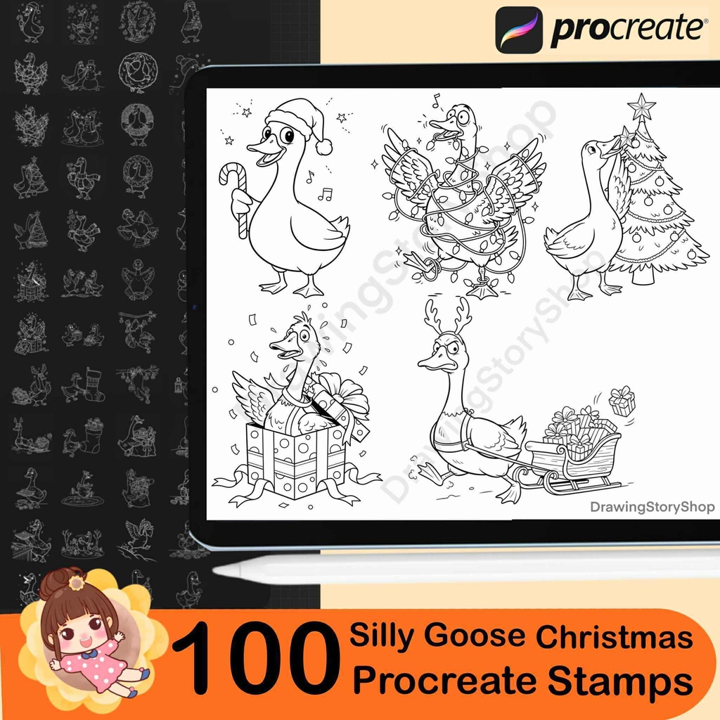 100 Procreate Silly Goose Christmas Stamps | Cute Goose Holiday Doodles | Line Art Brush Set