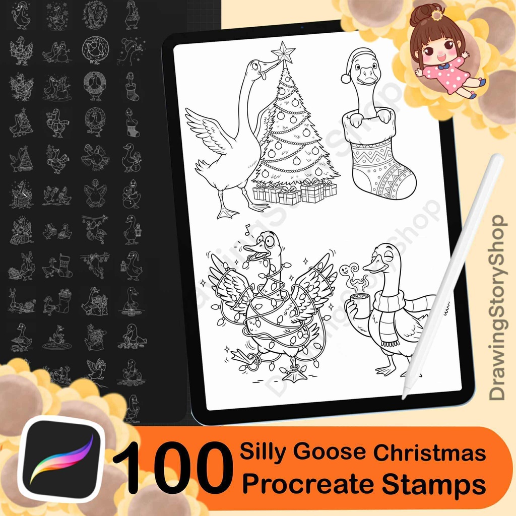 100 Procreate Silly Goose Christmas Stamps | Cute Goose Holiday Doodles | Line Art Brush Set