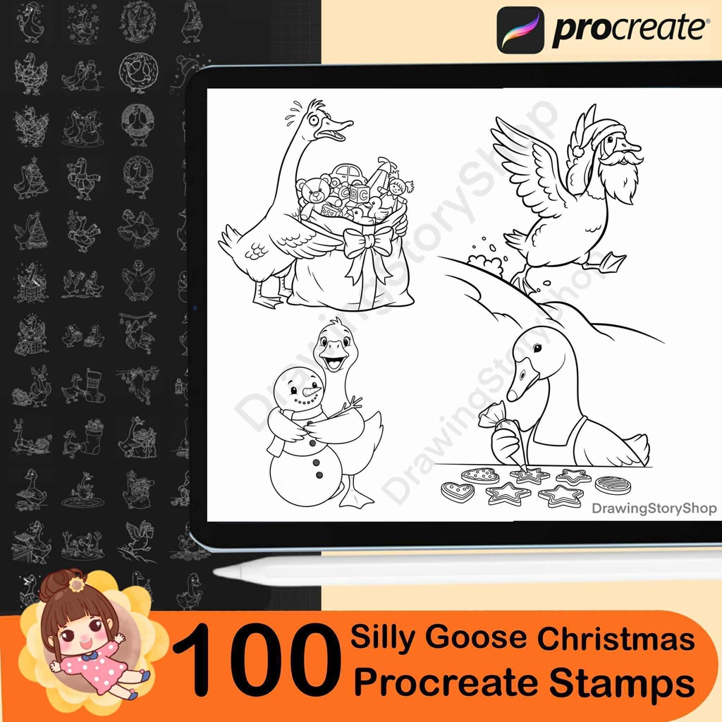 100 Procreate Silly Goose Christmas Stamps | Cute Goose Holiday Doodles | Line Art Brush Set