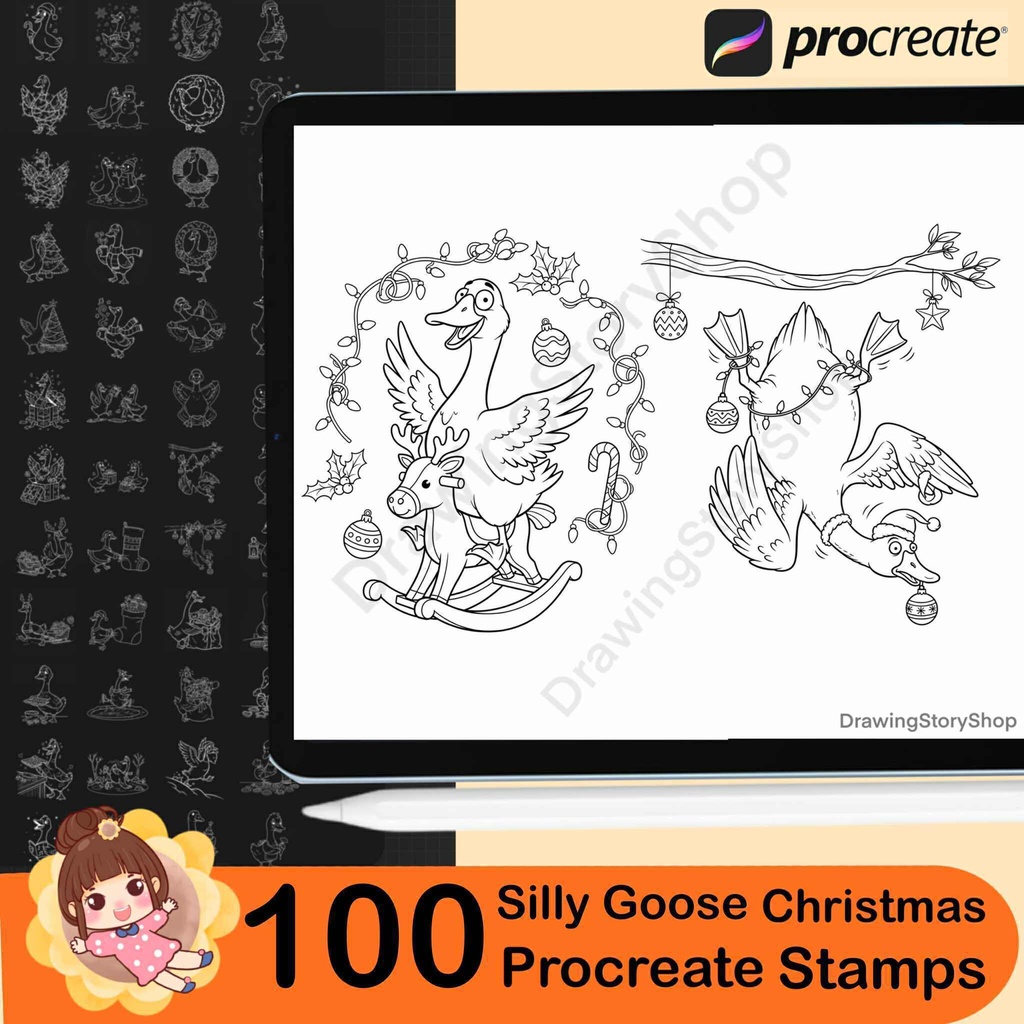 100 Procreate Silly Goose Christmas Stamps | Cute Goose Holiday Doodles | Line Art Brush Set