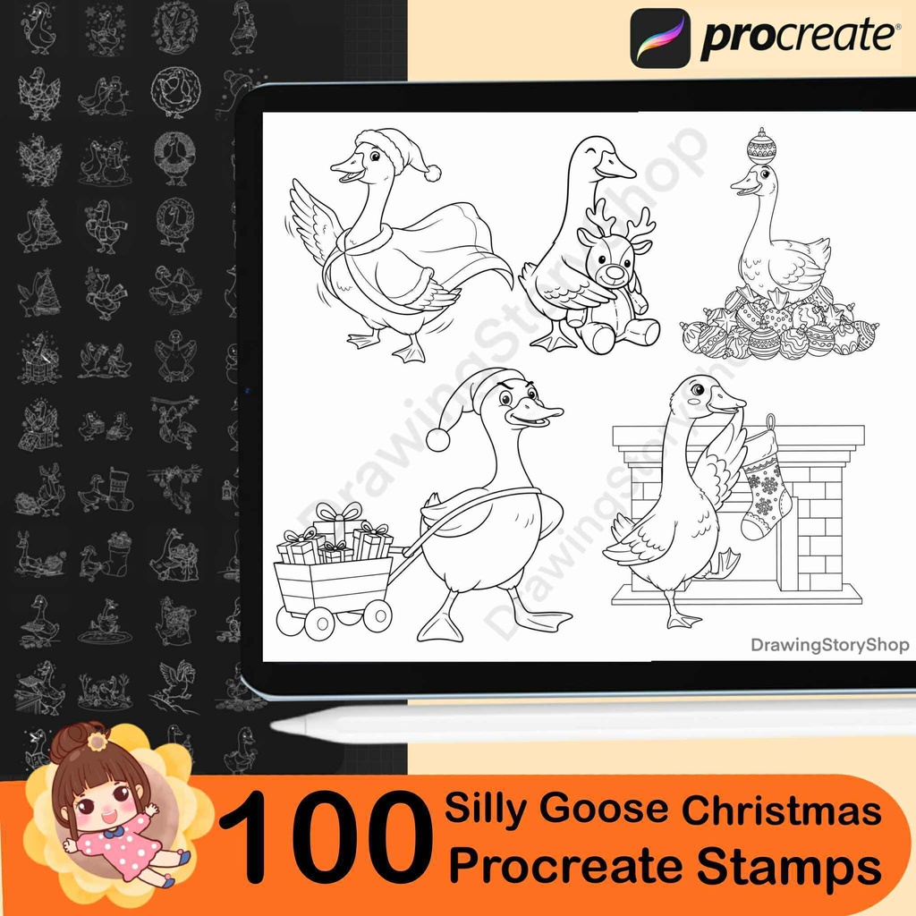 100 Procreate Silly Goose Christmas Stamps | Cute Goose Holiday Doodles | Line Art Brush Set