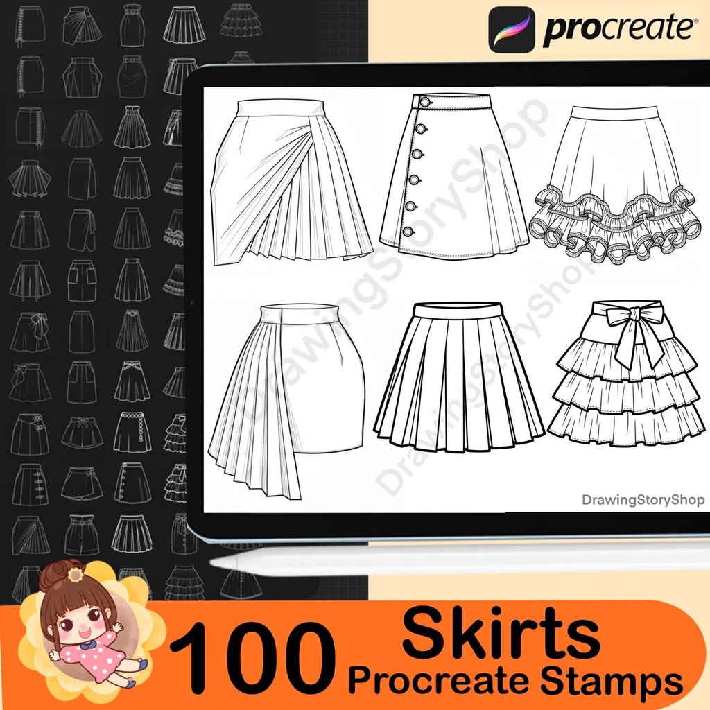 100 Procreate Skirt Stamp Brushes for Fashion Design, Outfit Sketching, Manga, Digital Art and Clothing Illustration