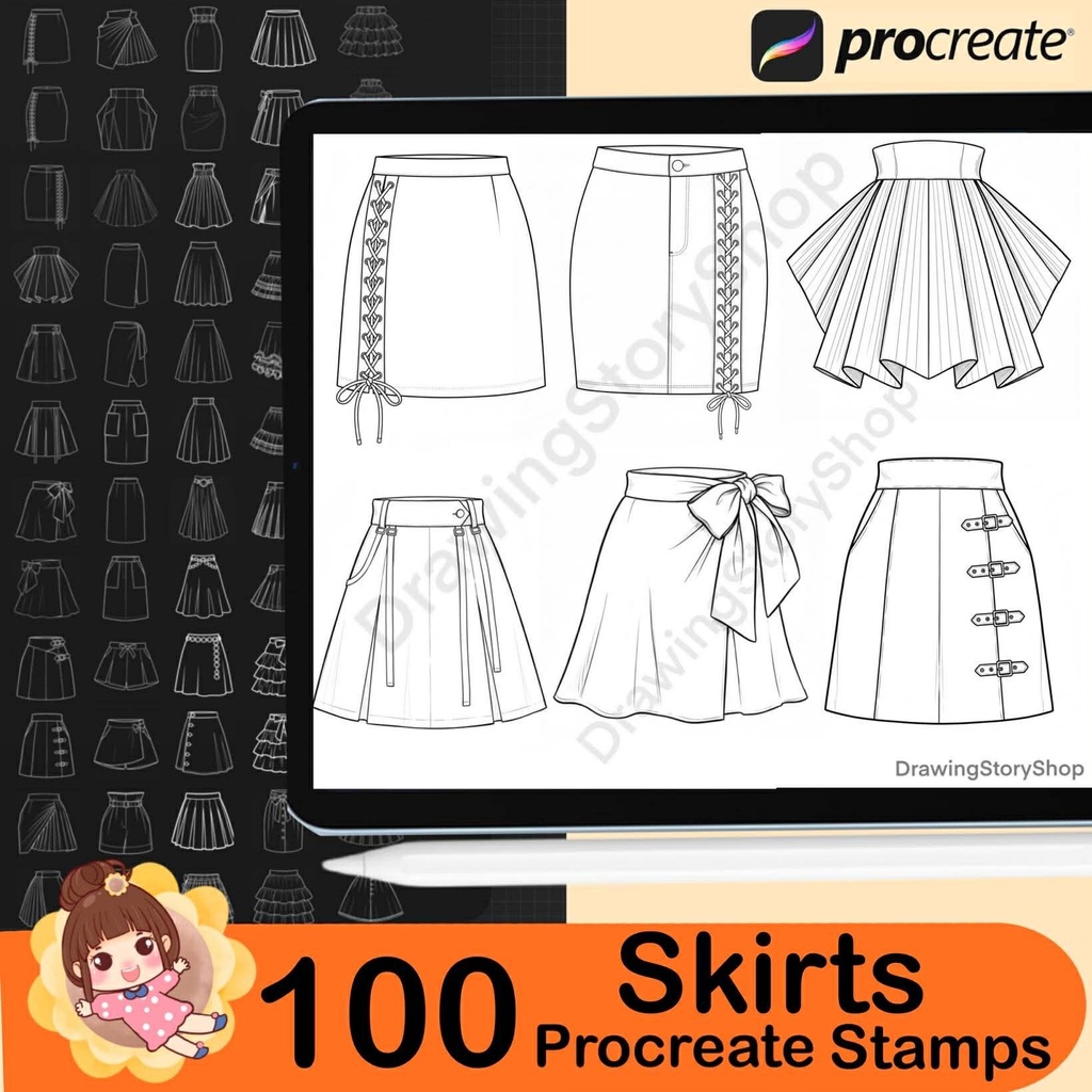 100 Procreate Skirt Stamp Brushes for Fashion Design, Outfit Sketching, Manga, Digital Art and Clothing Illustration