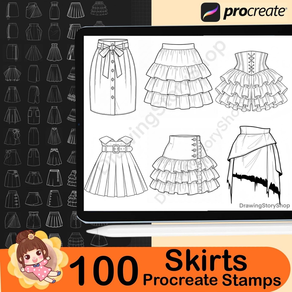 100 Procreate Skirt Stamp Brushes for Fashion Design, Outfit Sketching, Manga, Digital Art and Clothing Illustration