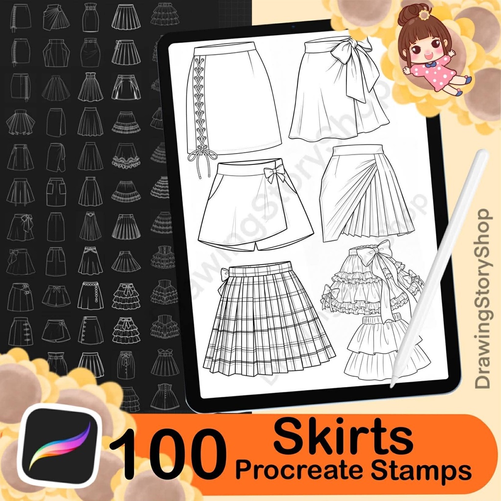 100 Procreate Skirt Stamp Brushes for Fashion Design, Outfit Sketching, Manga, Digital Art and Clothing Illustration