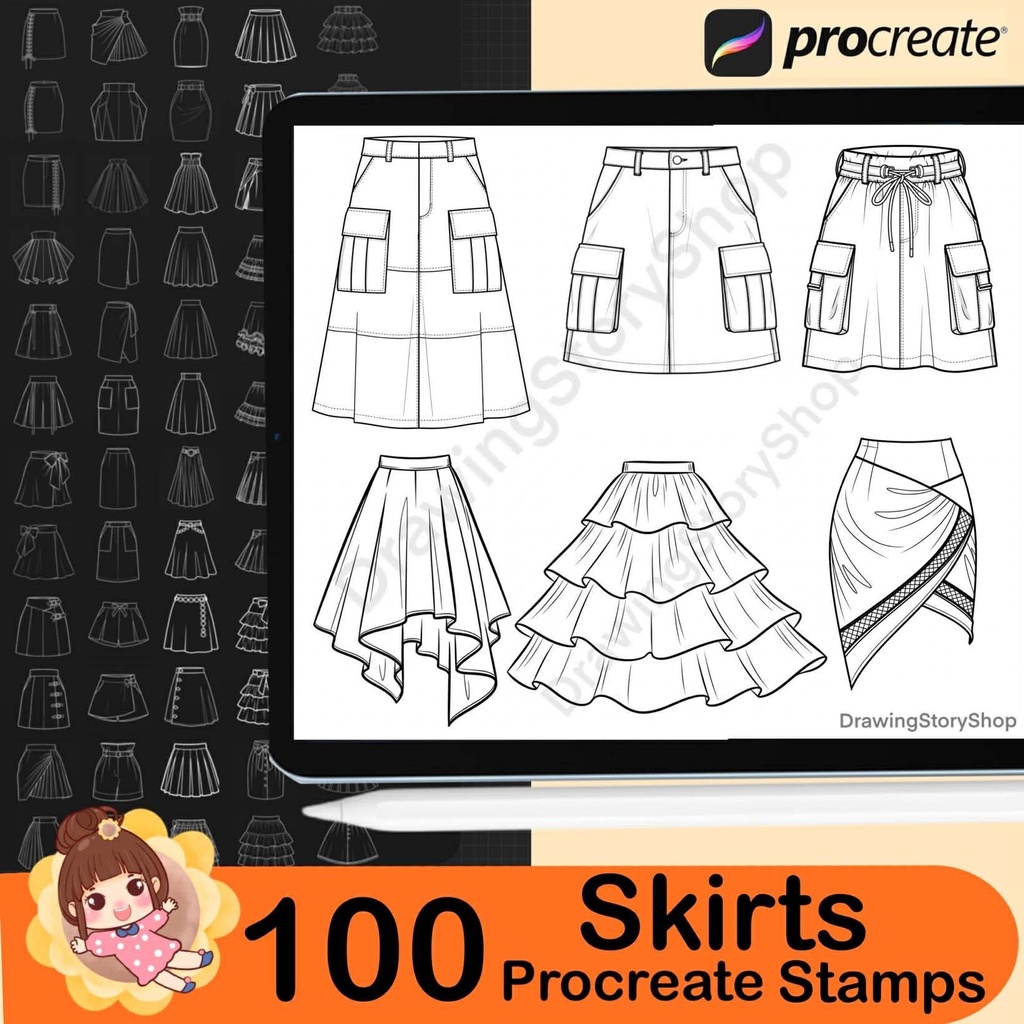 100 Procreate Skirt Stamp Brushes for Fashion Design, Outfit Sketching, Manga, Digital Art and Clothing Illustration