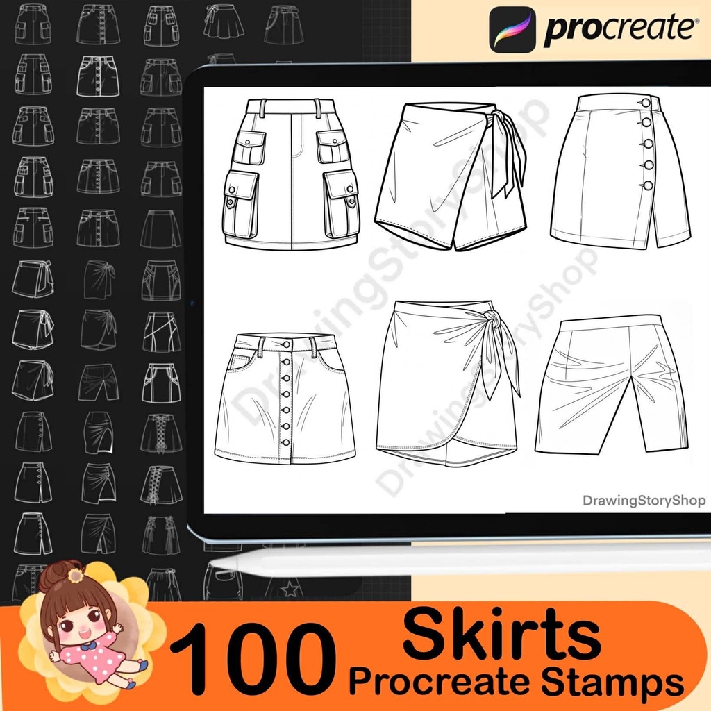 100 Procreate skirt stamps. Procreate clothing stamps. Skirt Procreate stamps