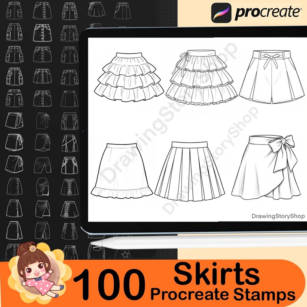 100 Procreate skirt stamps. Procreate clothing stamps. Skirt Procreate stamps