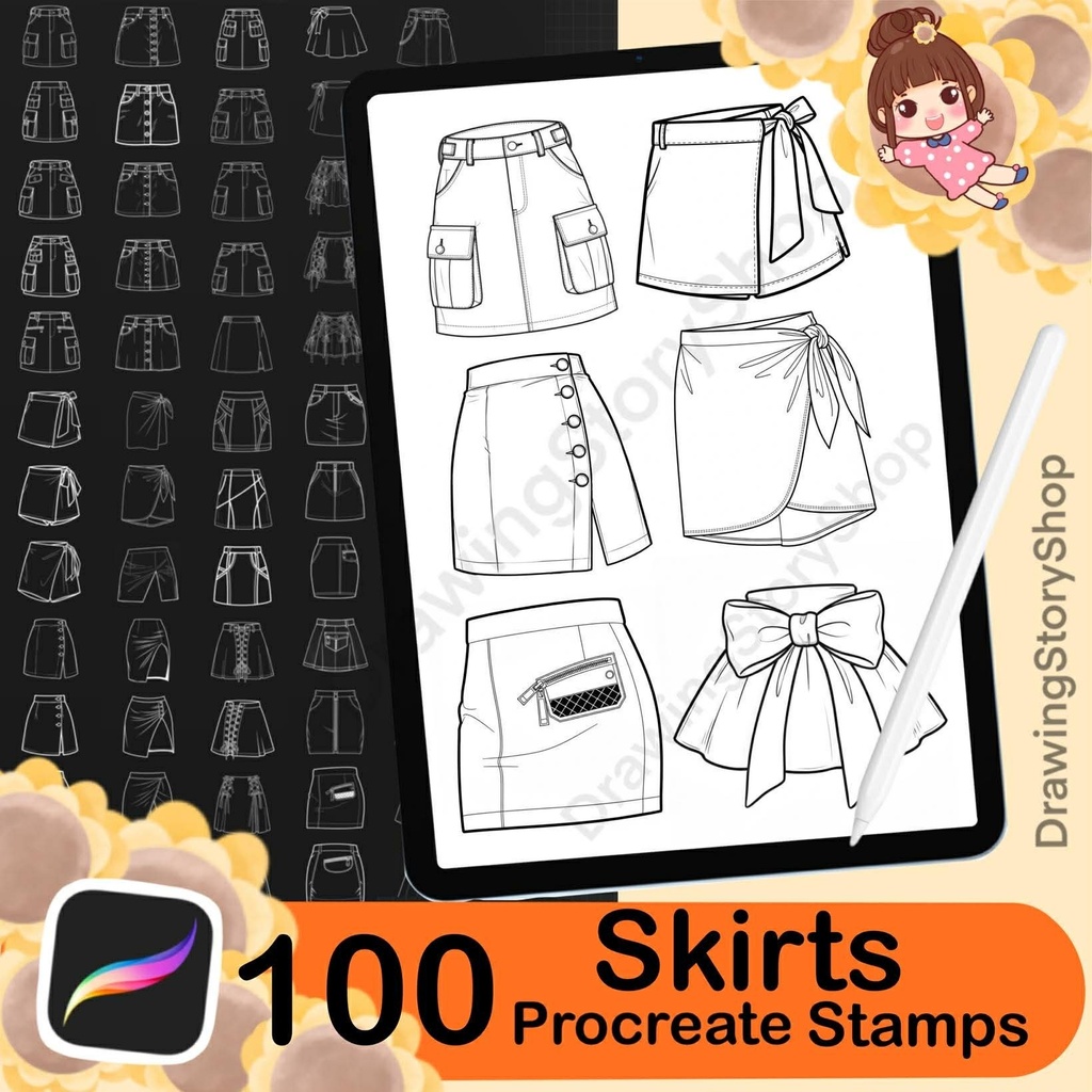 100 Procreate skirt stamps. Procreate clothing stamps. Skirt Procreate stamps