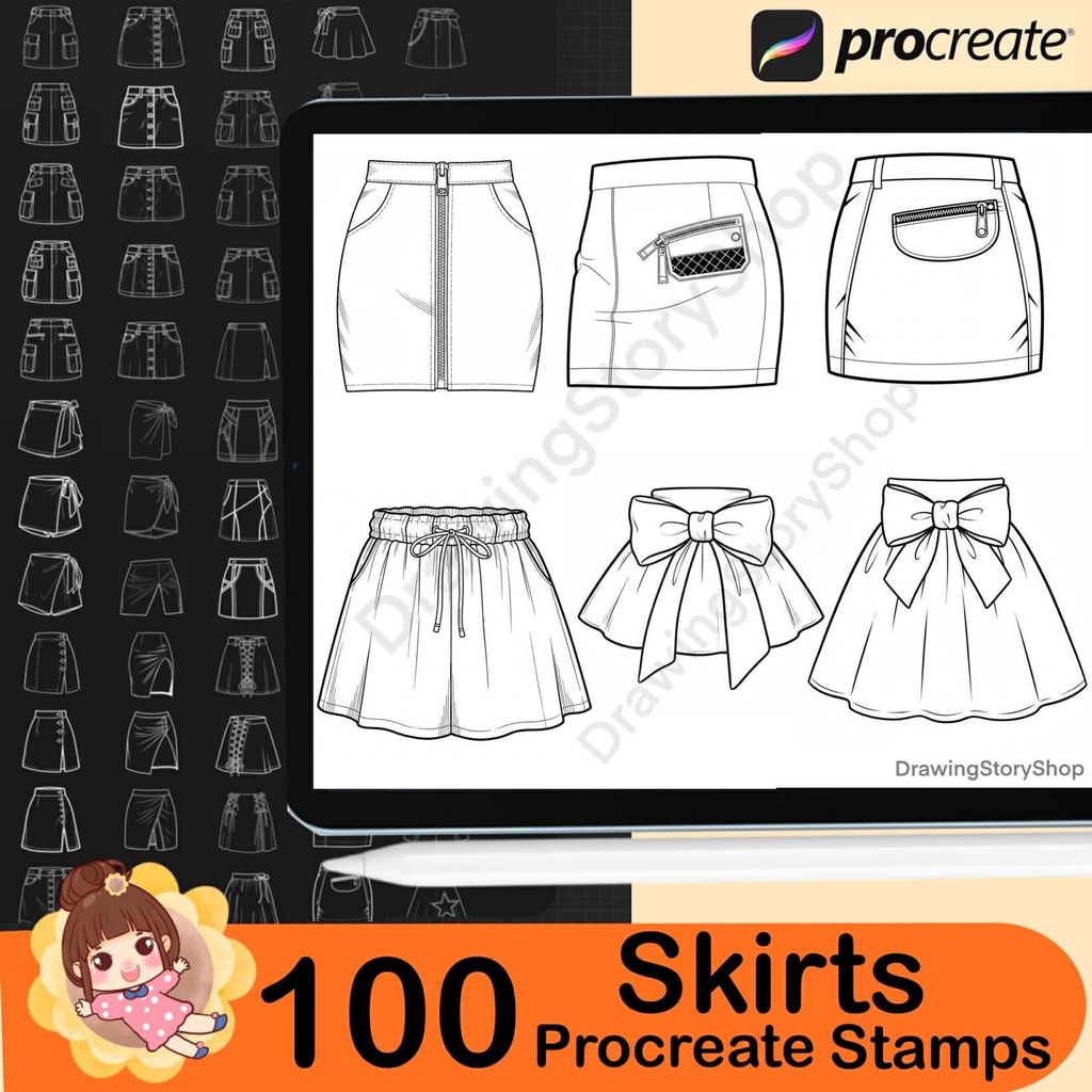 100 Procreate skirt stamps. Procreate clothing stamps. Skirt Procreate stamps