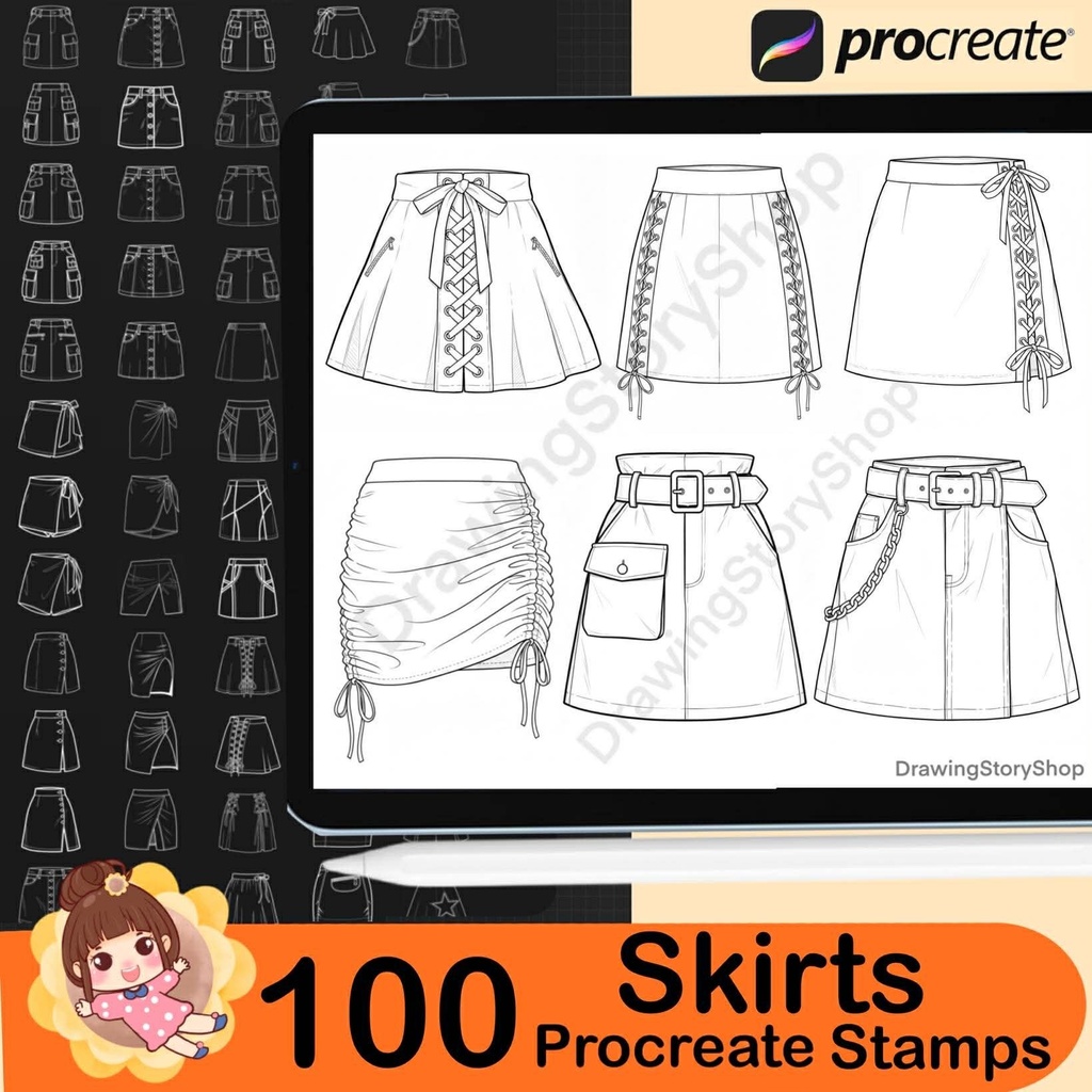 100 Procreate skirt stamps. Procreate clothing stamps. Skirt Procreate stamps