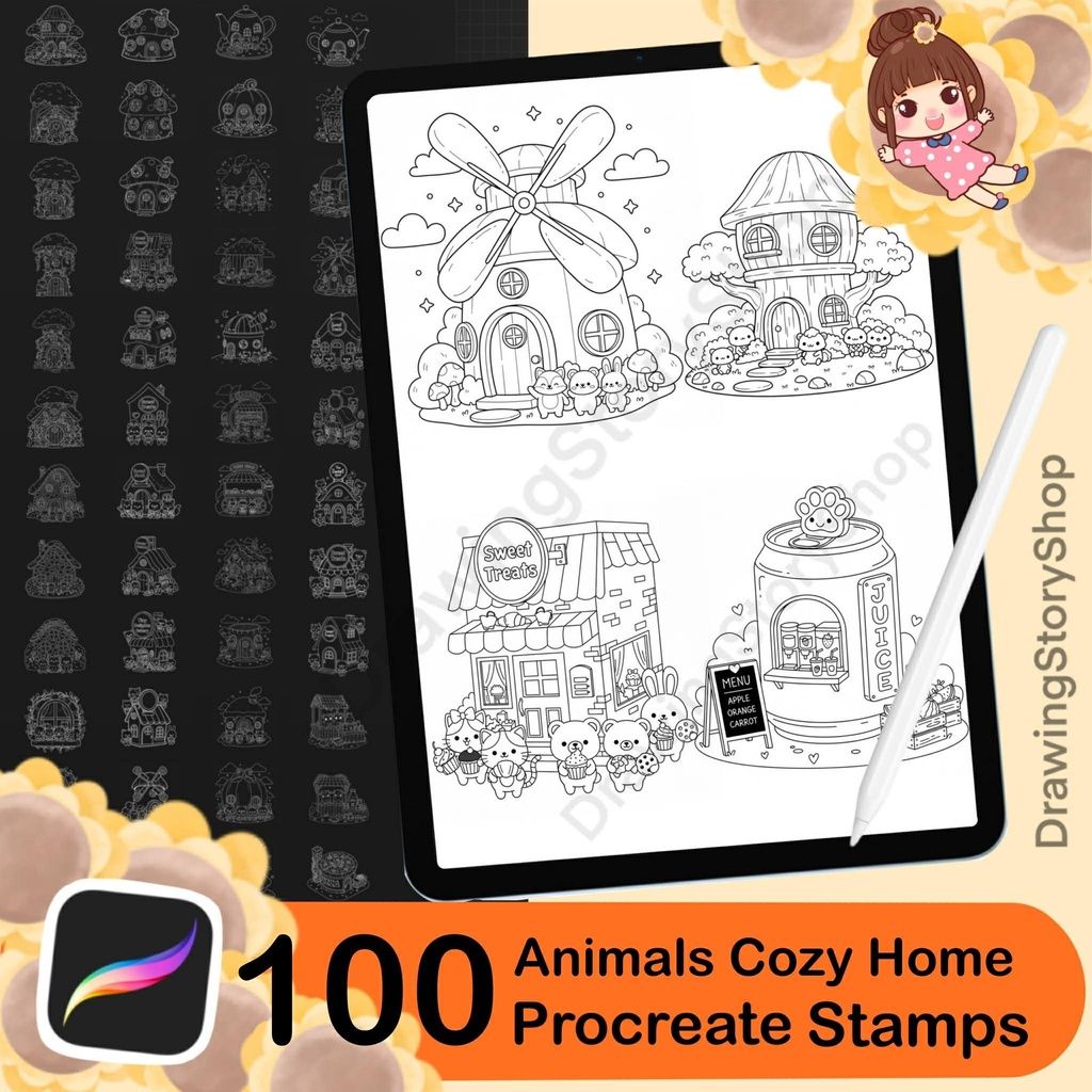 100 Procreate Stamps Brushes, Kawaii Doodle Animals in Cozy Home, Doodle Coloring Stamps