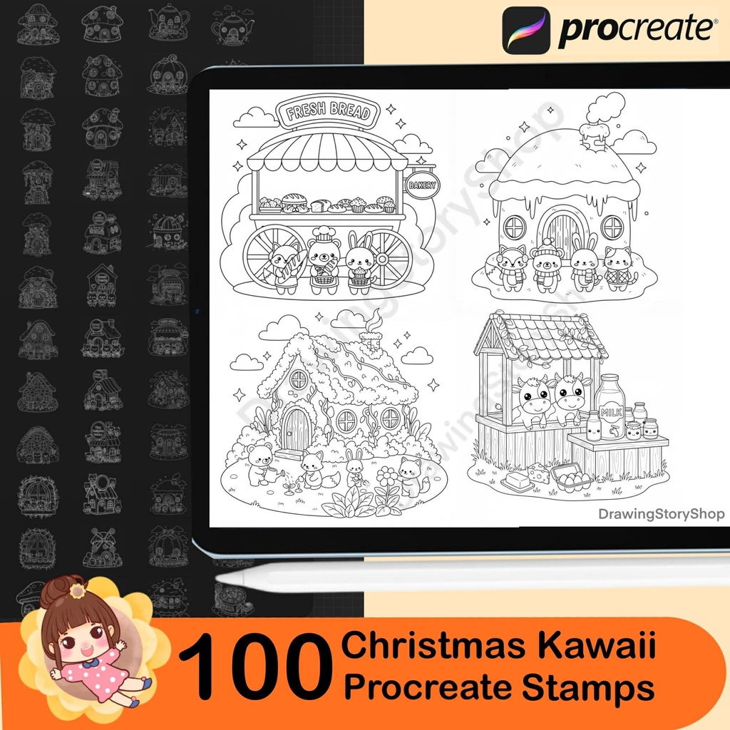 100 Procreate Stamps Brushes, Kawaii Doodle Animals in Cozy Home, Doodle Coloring Stamps