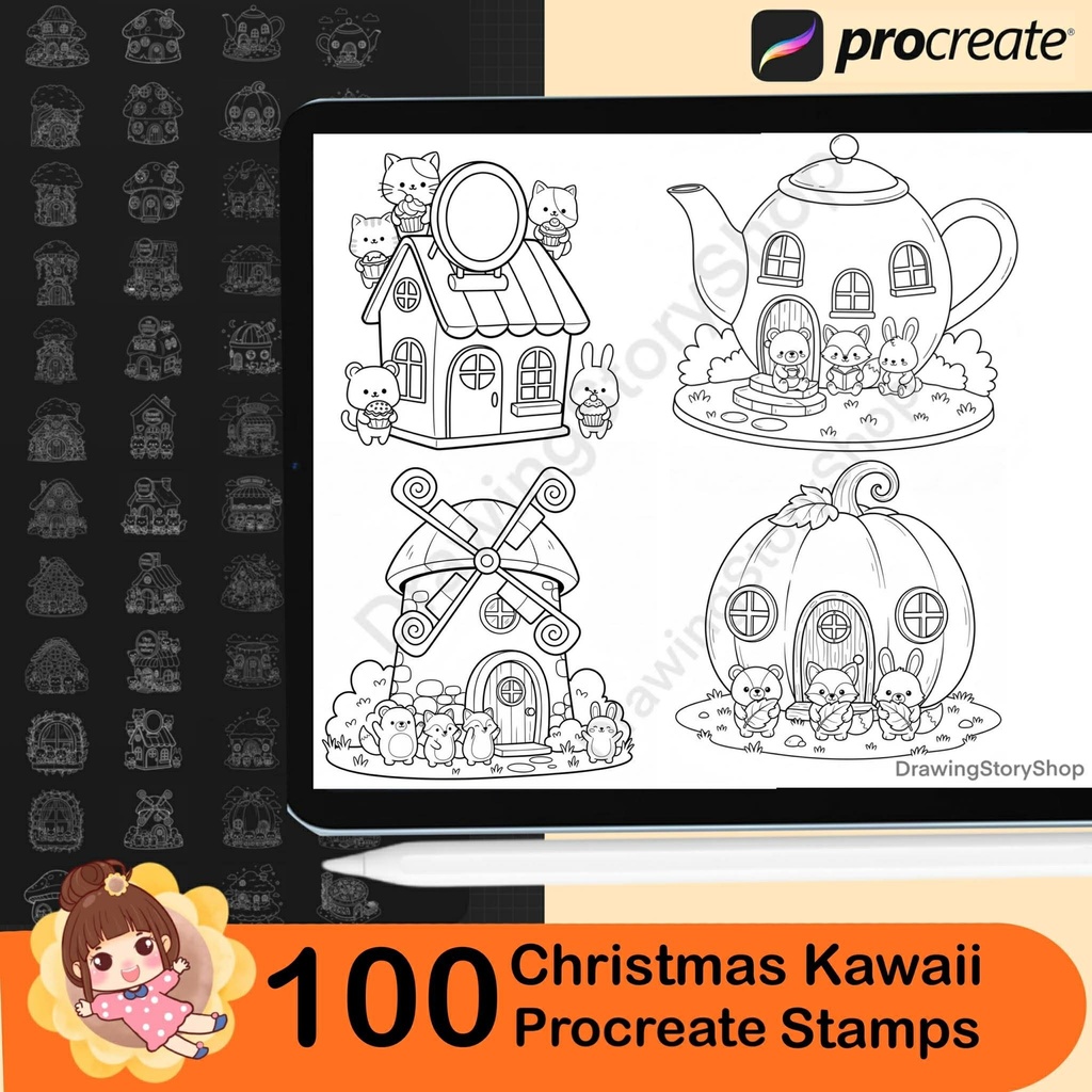 100 Procreate Stamps Brushes, Kawaii Doodle Animals in Cozy Home, Doodle Coloring Stamps