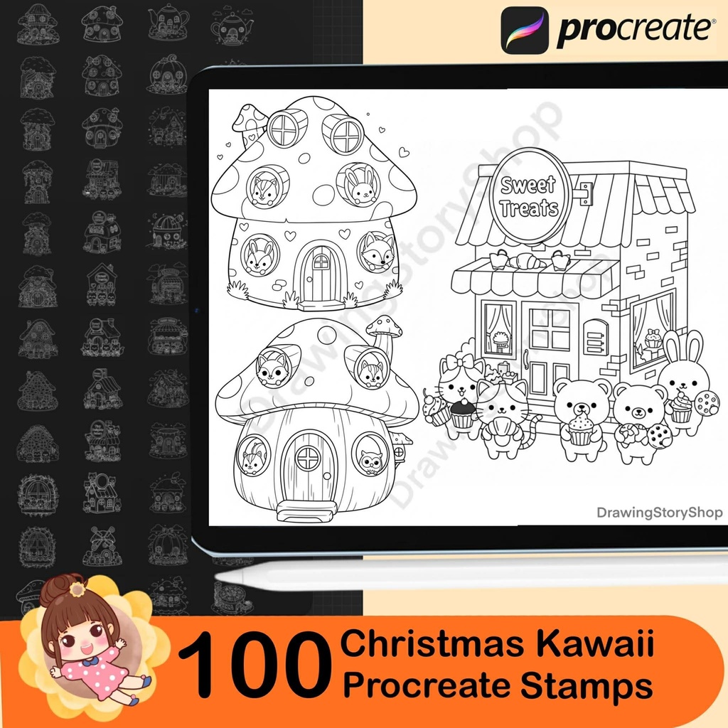100 Procreate Stamps Brushes, Kawaii Doodle Animals in Cozy Home, Doodle Coloring Stamps