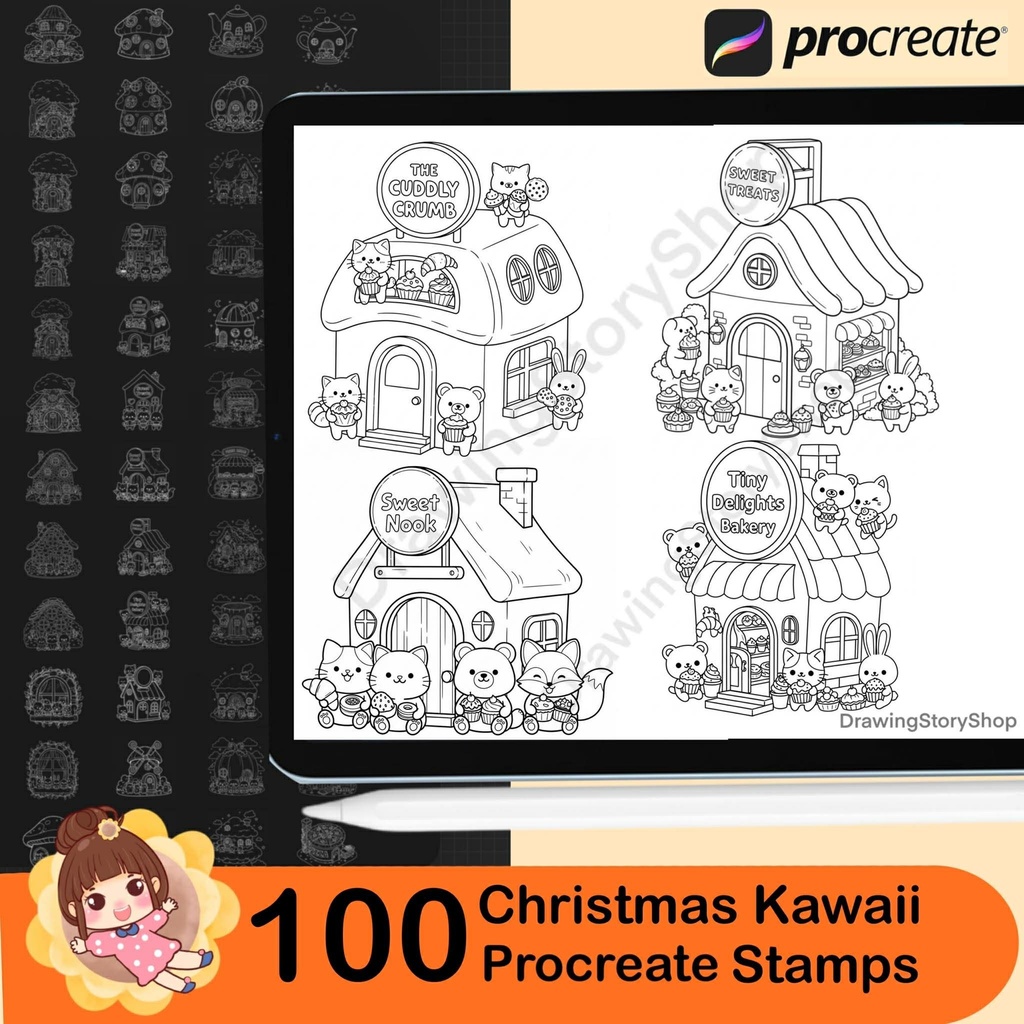 100 Procreate Stamps Brushes, Kawaii Doodle Animals in Cozy Home, Doodle Coloring Stamps