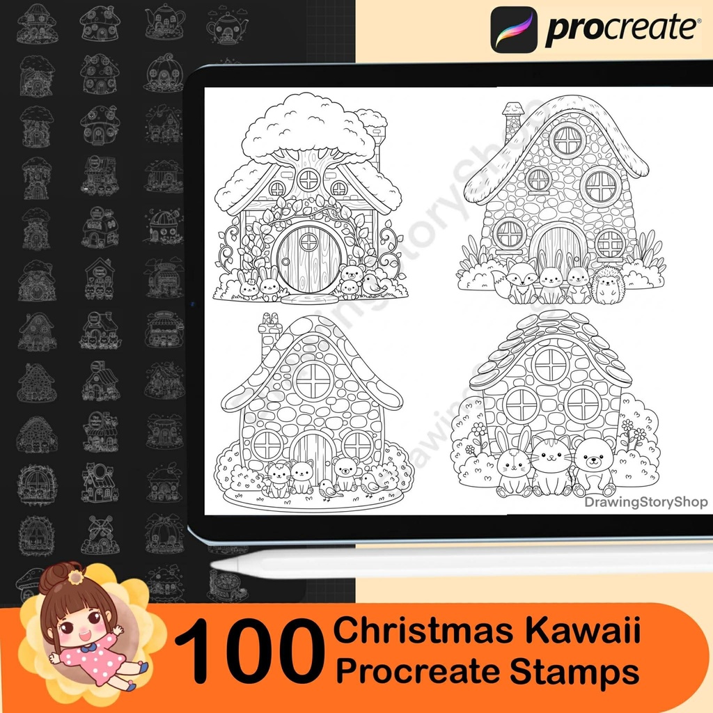 100 Procreate Stamps Brushes, Kawaii Doodle Animals in Cozy Home, Doodle Coloring Stamps