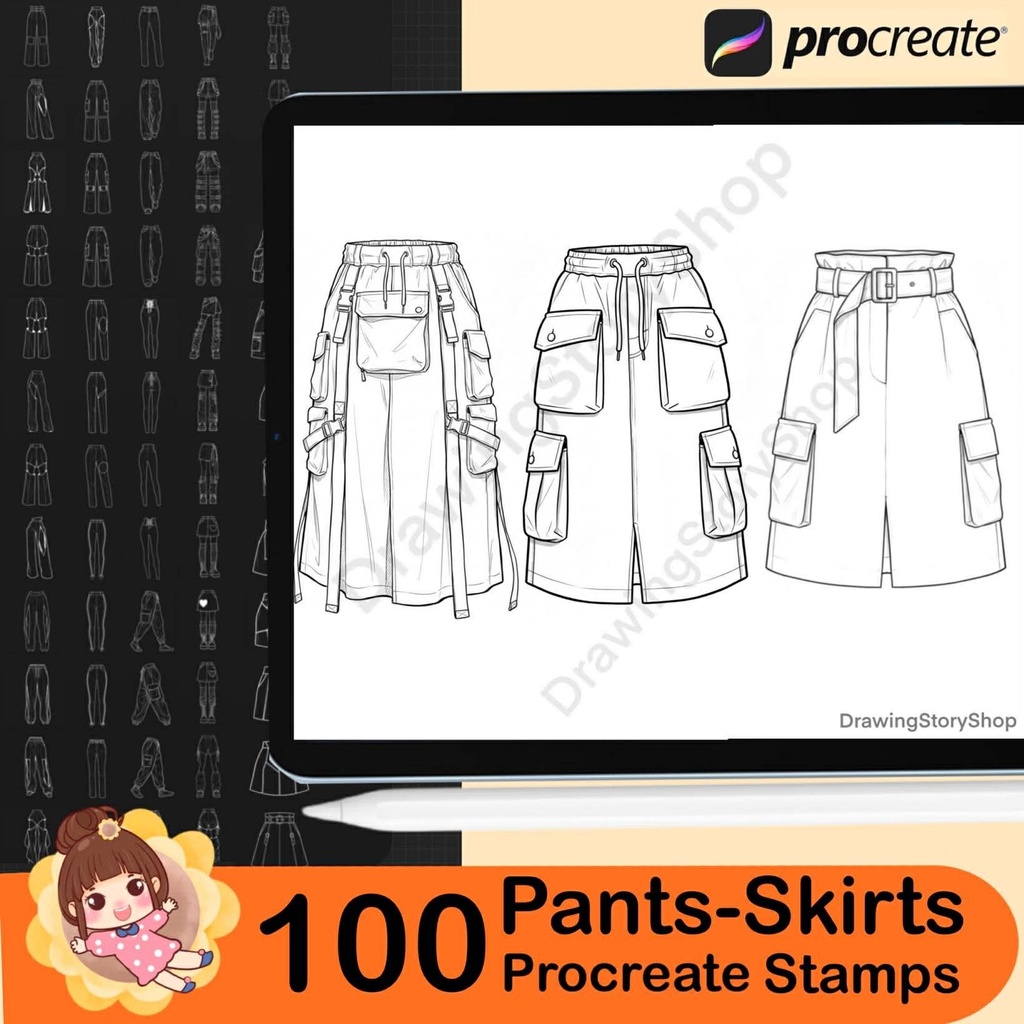 100 Procreate Women Pants Stamp Brushes | Procreate Fashion | Procreate Female Pants | Jeans Stamps| Skirt Stamp