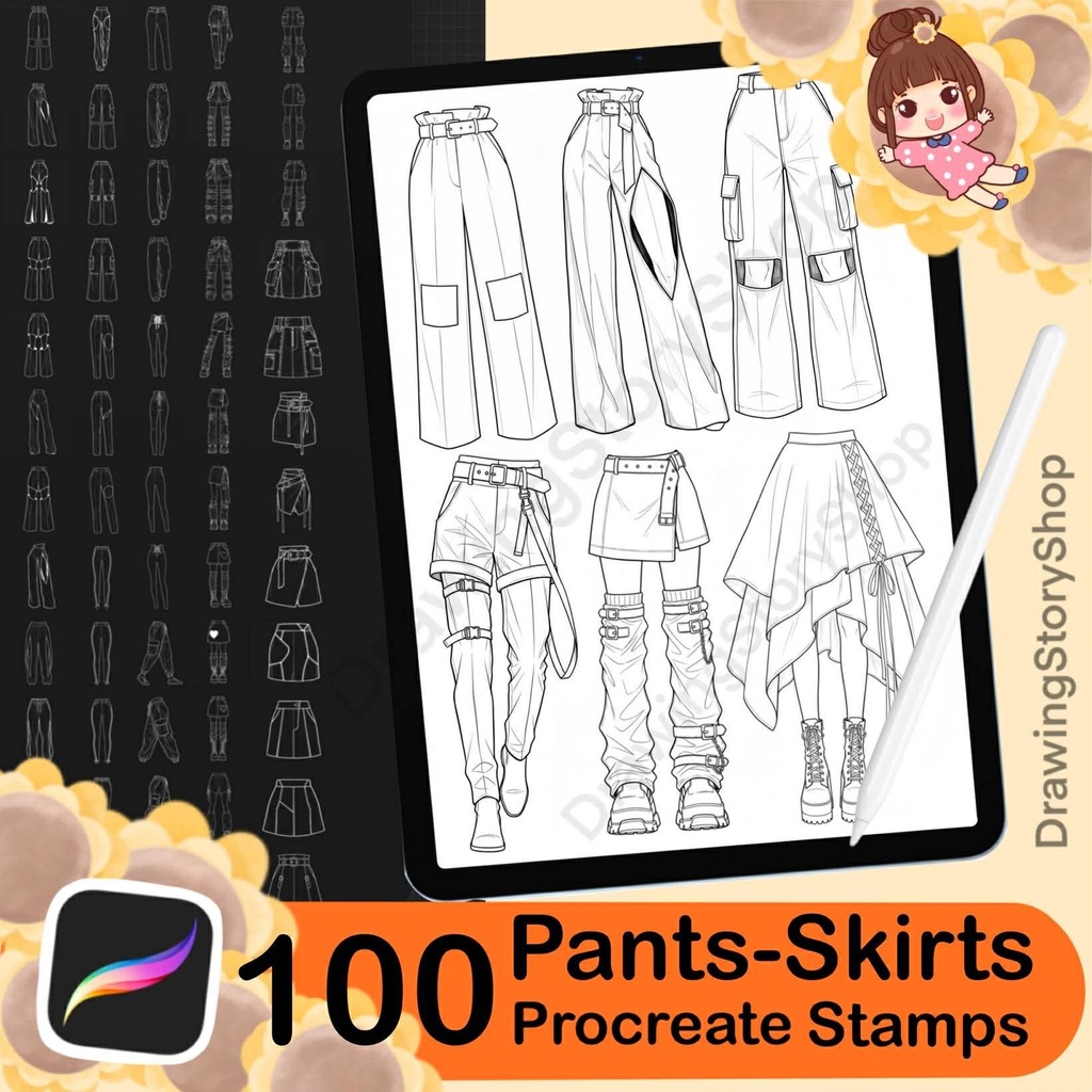 100 Procreate Women Pants Stamp Brushes | Procreate Fashion | Procreate Female Pants | Jeans Stamps| Skirt Stamp