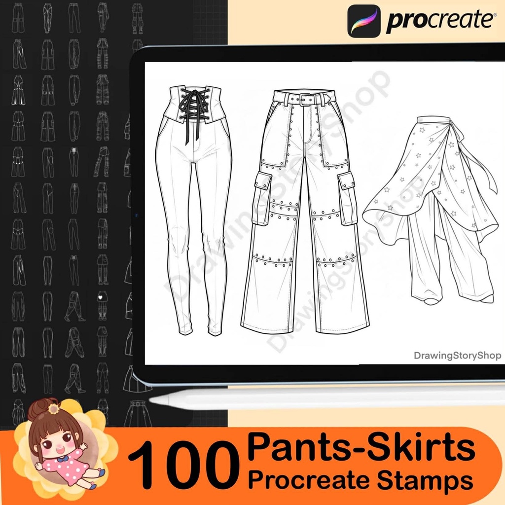 100 Procreate Women Pants Stamp Brushes | Procreate Fashion | Procreate Female Pants | Jeans Stamps| Skirt Stamp