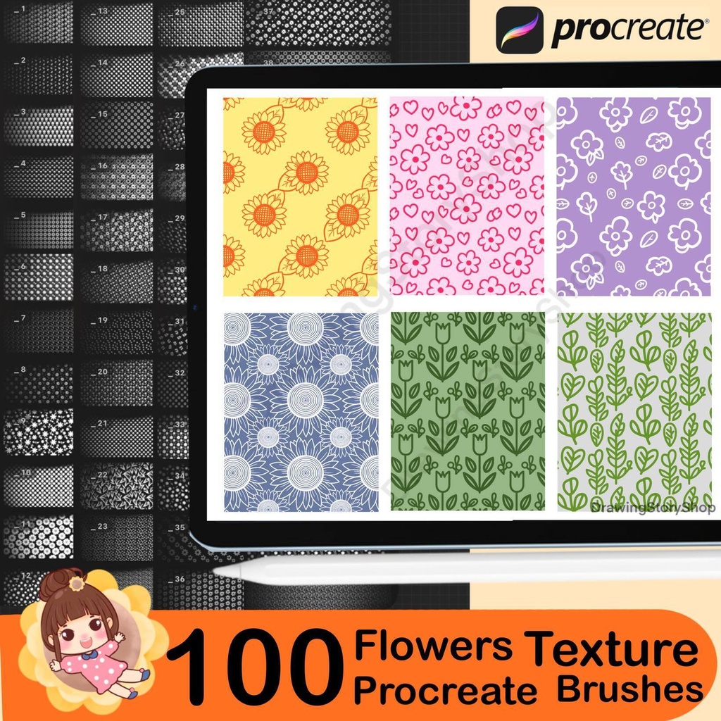 100 Seamless Flower Patterns Procreate brush Set, Procreate Botanical Flower Texture Brushes, Nature Illustrations and Surface Design