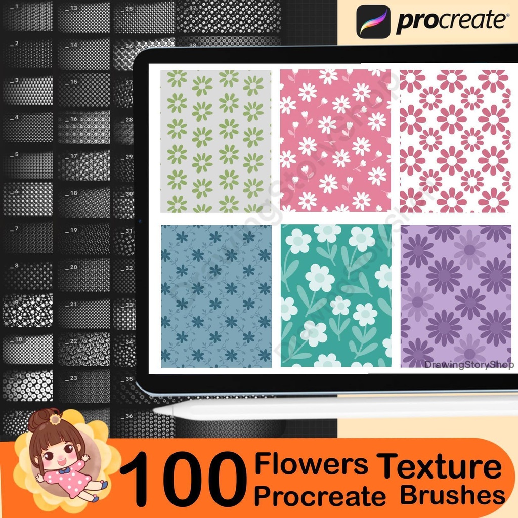 100 Seamless Flower Patterns Procreate brush Set, Procreate Botanical Flower Texture Brushes, Nature Illustrations and Surface Design