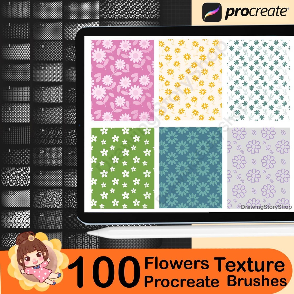 100 Seamless Flower Patterns Procreate brush Set, Procreate Botanical Flower Texture Brushes, Nature Illustrations and Surface Design