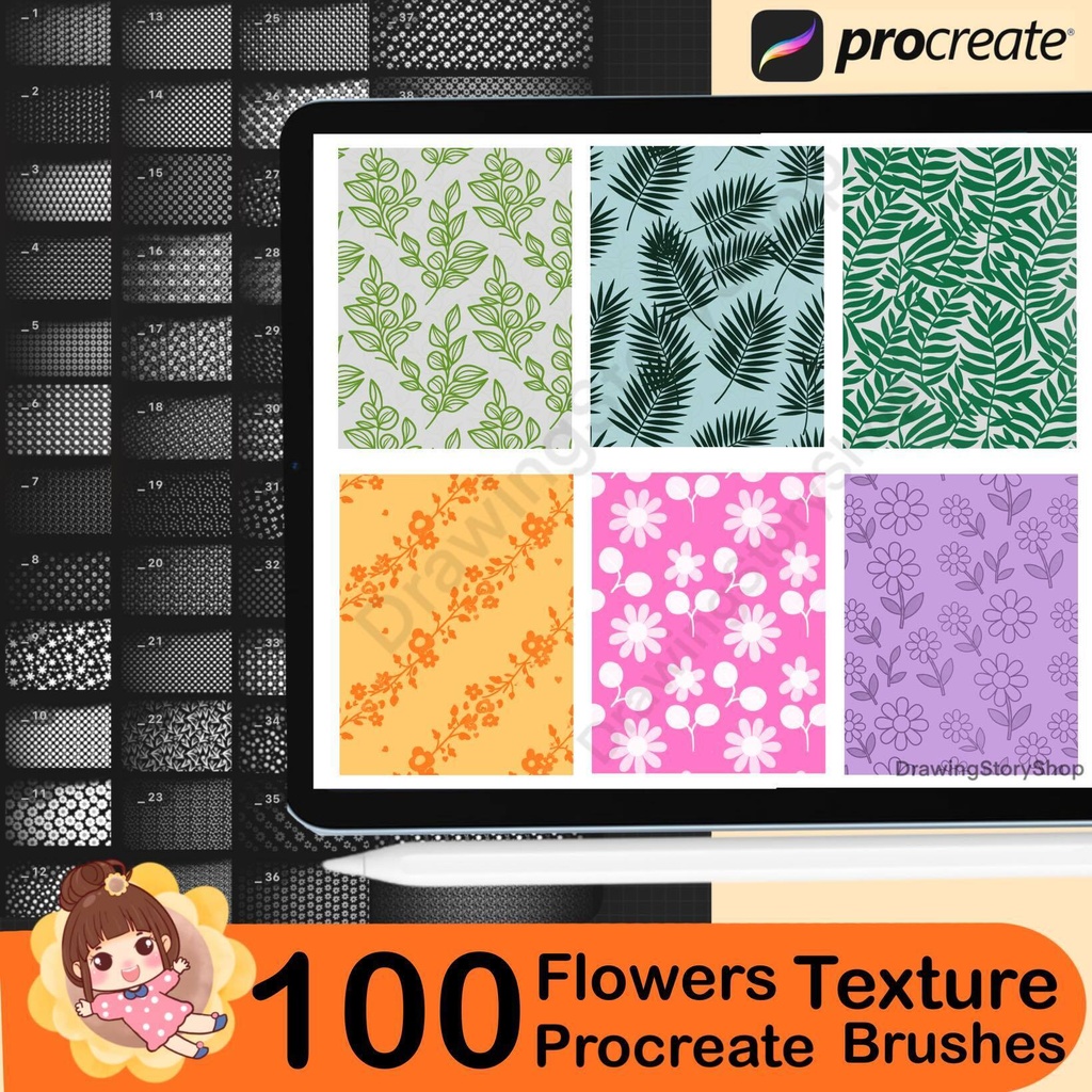 100 Seamless Flower Patterns Procreate brush Set, Procreate Botanical Flower Texture Brushes, Nature Illustrations and Surface Design