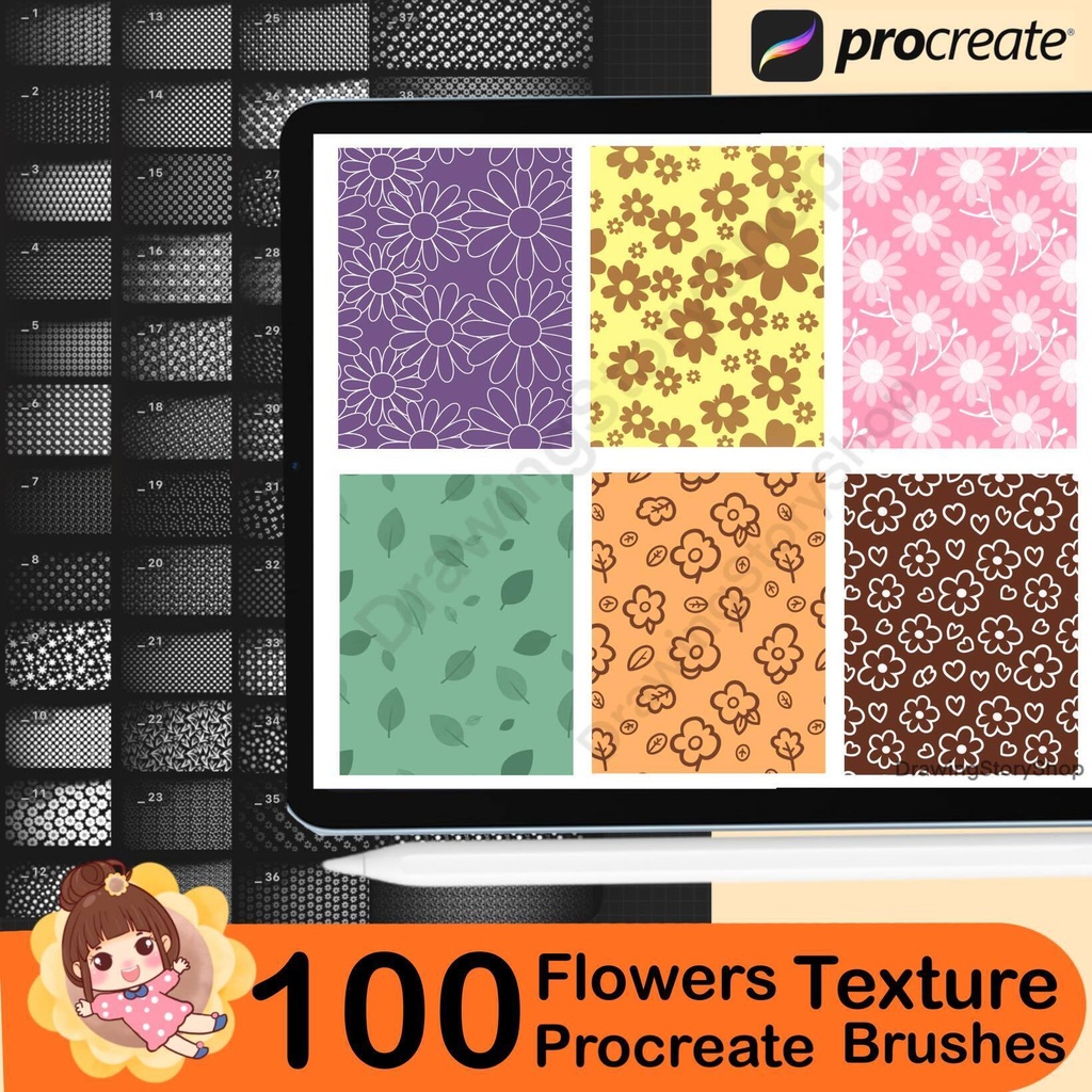 100 Seamless Flower Patterns Procreate brush Set, Procreate Botanical Flower Texture Brushes, Nature Illustrations and Surface Design