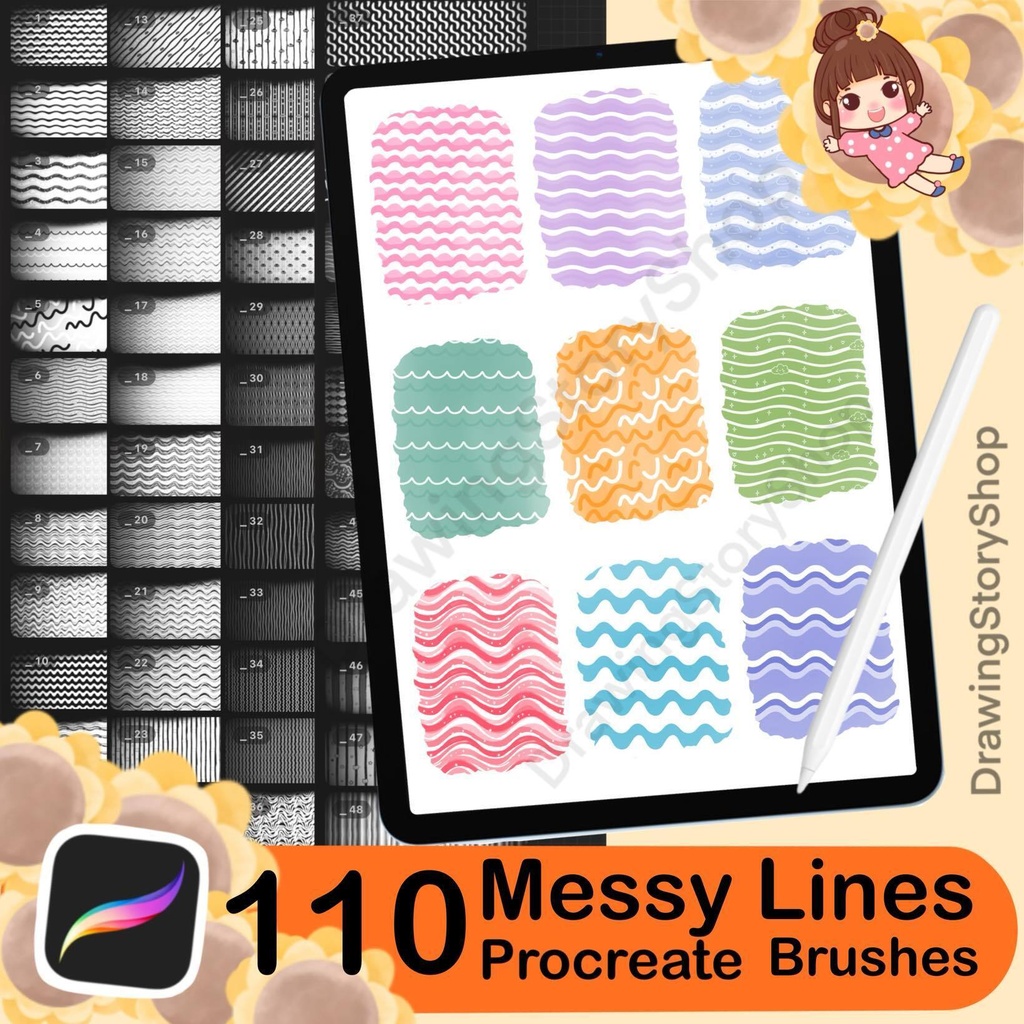 110 Procreate Messy Lines Brush Set | Seamless Hand-Drawn Pattern Brushes (Stripes, Checks & Grids)